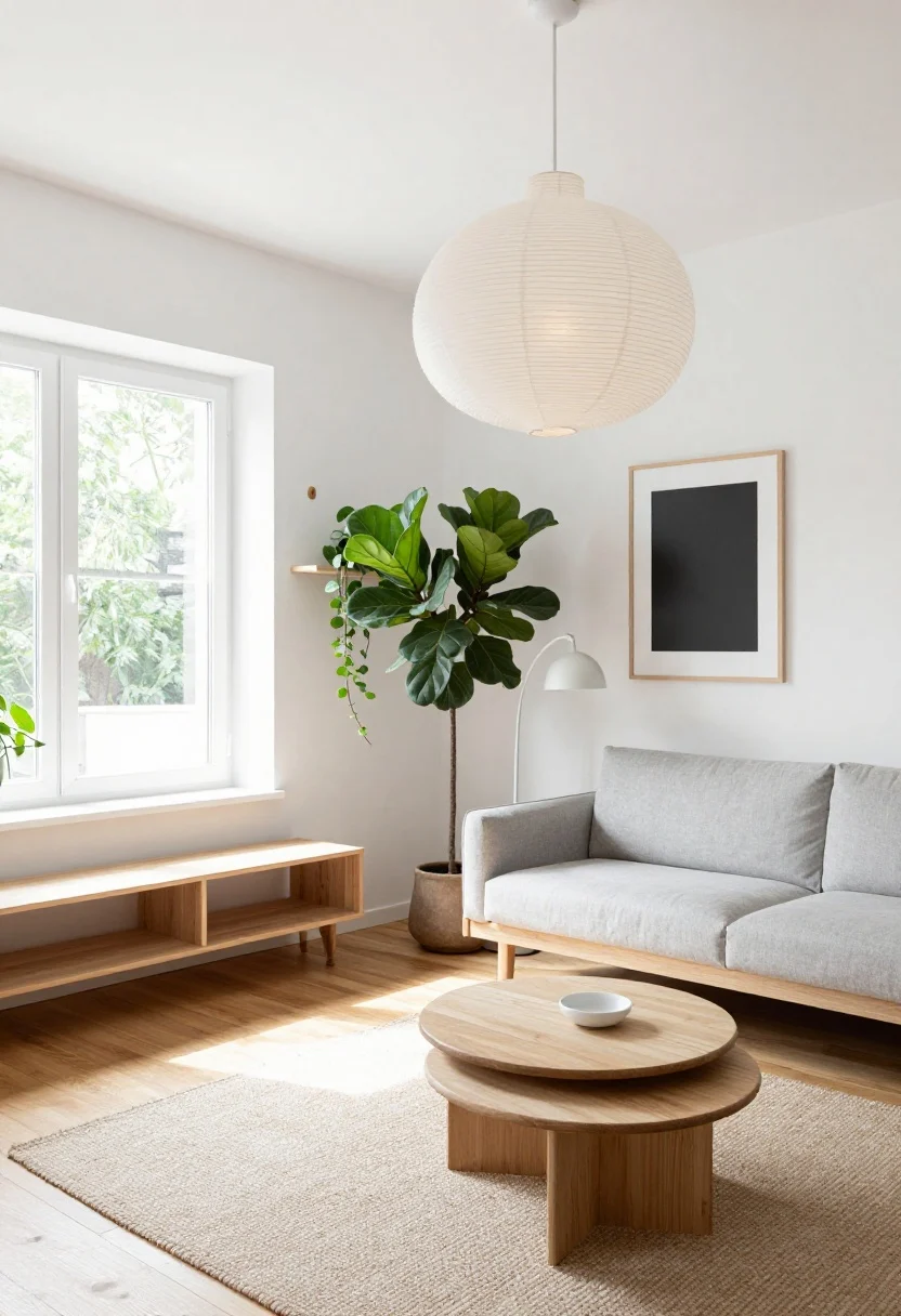 Wide, corner-angle shot of a Scandinavian Sunlight Nook studio: white walls with a warm undertone, pale oak floors, a soft gray 72” linen sofa with a matte white arc floor lamp over it, round oak nesting coffee tables on a flat-weave jute rug defining the living zone; a low-profile light-wood platform bed with hidden drawers tucked under a large window, filtered daylight streaming in; slim natural-wood wall-mounted shelves and a floating media console keeping floor clear; plants include a tall fiddle-leaf fig and trailing pothos pulling the eye upward; a single black-framed graphic art piece; clean, layered lighting with a paper lantern pendant glowing softly; color palette white, pale oak, gray, eucalyptus green; photorealistic, airy, uncluttered.