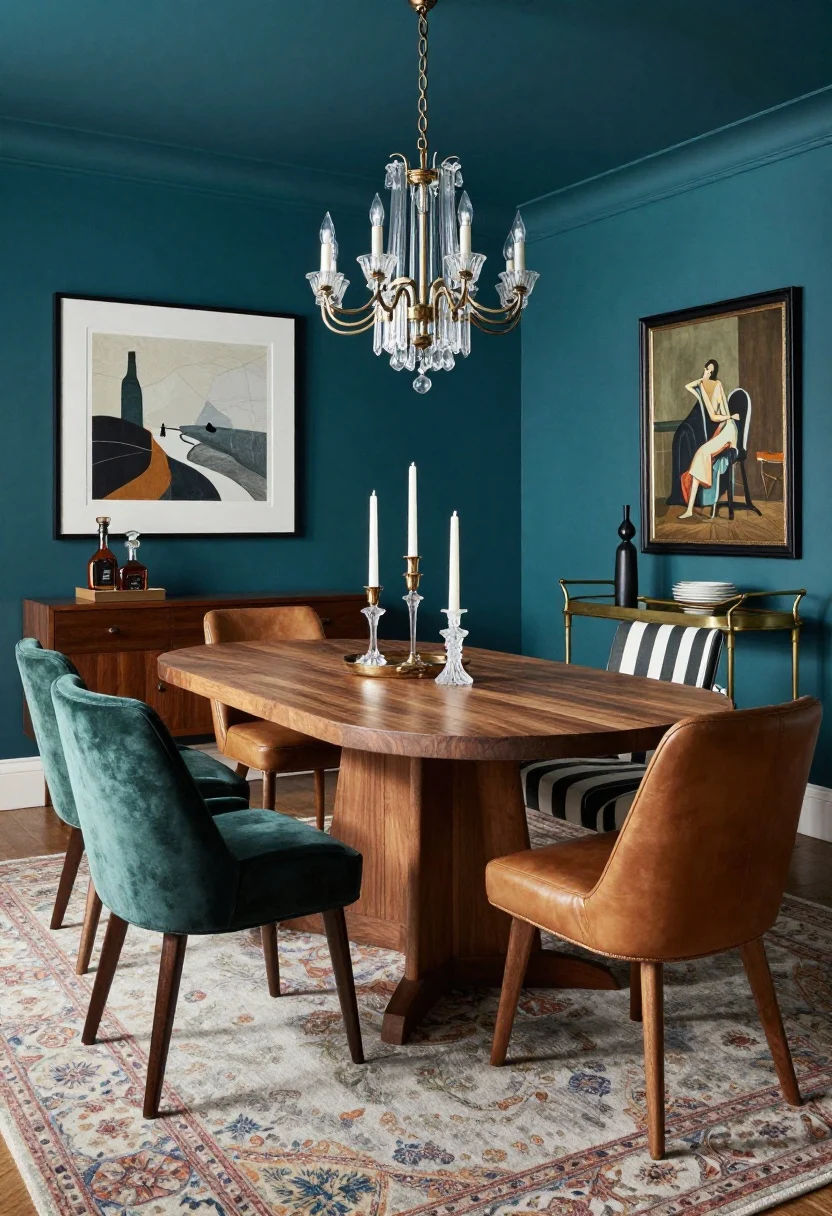 Wide dining room shot, slightly off-center: An artful maximalist space with walls saturated in deep teal, a solid wood oval table with chunky legs, and an eclectic set of mixed upholstered chairs—moss velvet, cognac leather, and one striped captain’s chair. Patterned rug layered beneath, oversized contemporary print on the wall, and a smoked-glass chandelier dropped low over the table for drama. Slim console with drawers holding a tray for decanters, a vintage brass bar cart styled as a serving station, gallery wall hung salon-style, sculptural candlesticks, linen table runner. Evening ambient glow, photorealistic.