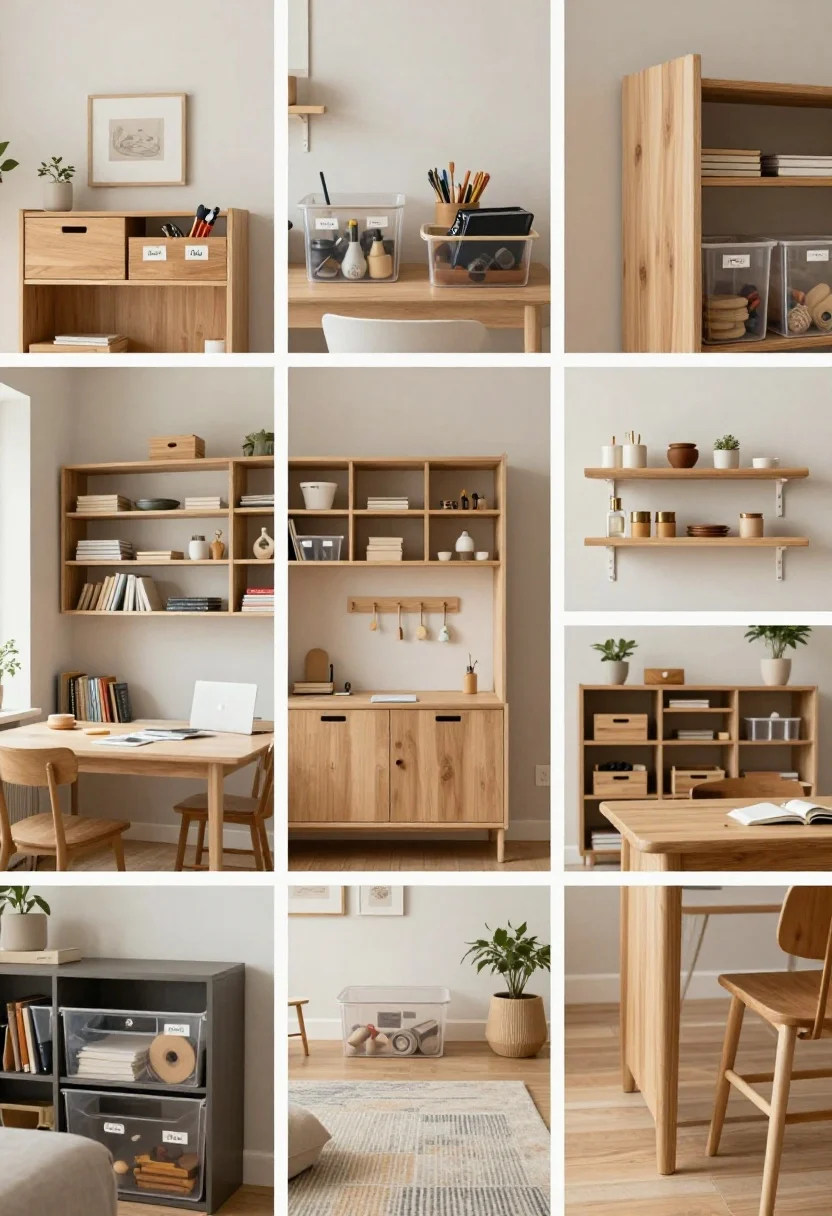 Wide, editorial-style composite of the home’s ADHD-friendly design ethos: multiple vignettes stitched into one cohesive scene—defined zones with clear visual boundaries, reduced color noise, and visible, reachable storage; examples include labeled clear bins, picture ledges with active tools, open-sight organizers, and tray systems; palette continuity of neutrals with focused accents, mixed natural wood tones, and warm metals; soft, well-placed lighting that supports quick resets; no people, photorealistic, calm and functional mood.