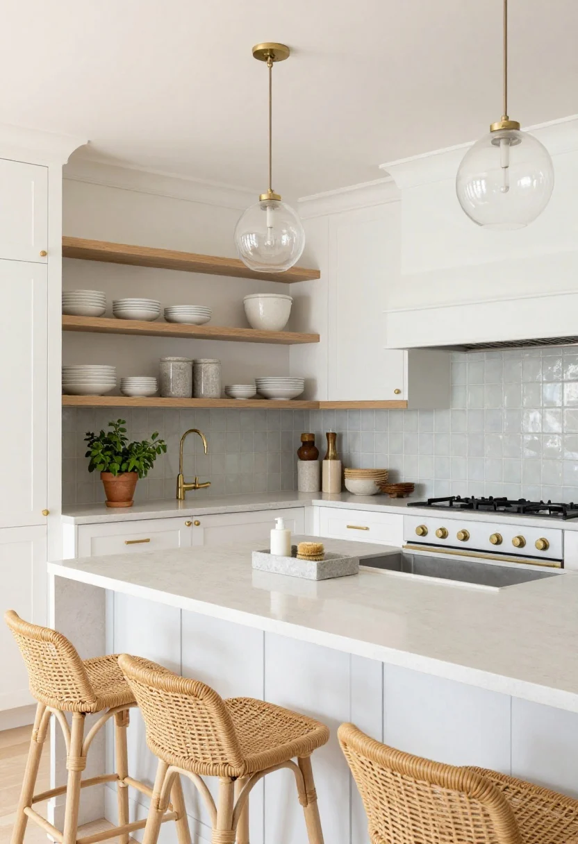 Wide kitchen shot, slightly elevated angle: A coastal-casual kitchen with white shaker cabinets, a muted sea-glass tile backsplash, and satin brass hardware. White oak open shelves display stacked white dishes and matte stone canisters; a leafy herb in a clay pot. The island is pale gray-blue with a white quartz waterfall edge and three woven backless rattan counter stools. Clear glass pendants keep sightlines open; a narrow sandy-toned runner on the floor. Sink area reset with only a stone tray holding soap, brush, and hand lotion; everything else put away. Bright, beachy daylight, photorealistic.