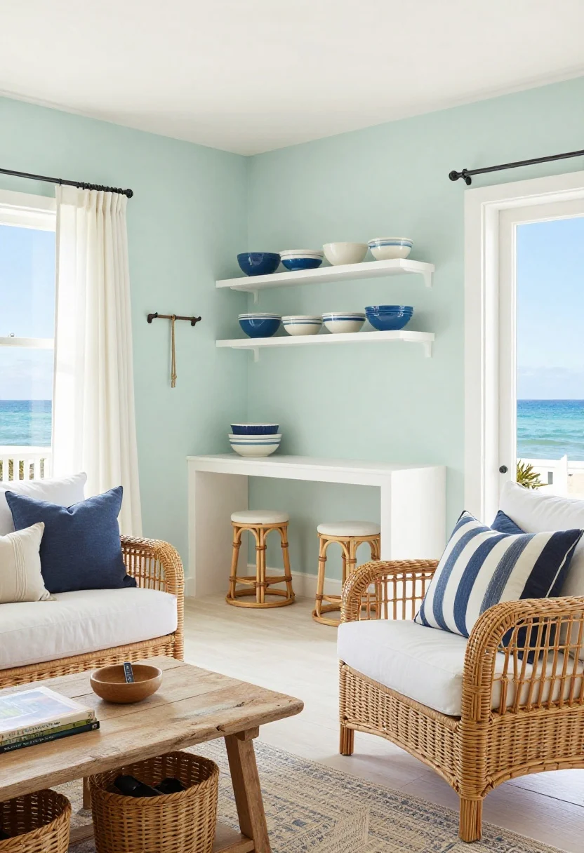Wide living/dining shot, coastal cottage airiness: pale seafoam walls, white slipcovers, natural textures; rattan armchair and a distressed wood bench used as a coffee table with woven baskets slid underneath for games, chargers, remotes; kitchen nook showing a counter-height console against the wall with two backless stools tucked cleanly below; white floating shelf overhead lined with blue-and-white bowls; rope wall hook rail near entry for beach hats and totes; cushions in sky, navy, and ivory stripes; sheer, high window treatments pulling eyes up; bright, breezy daylight, photorealistic.