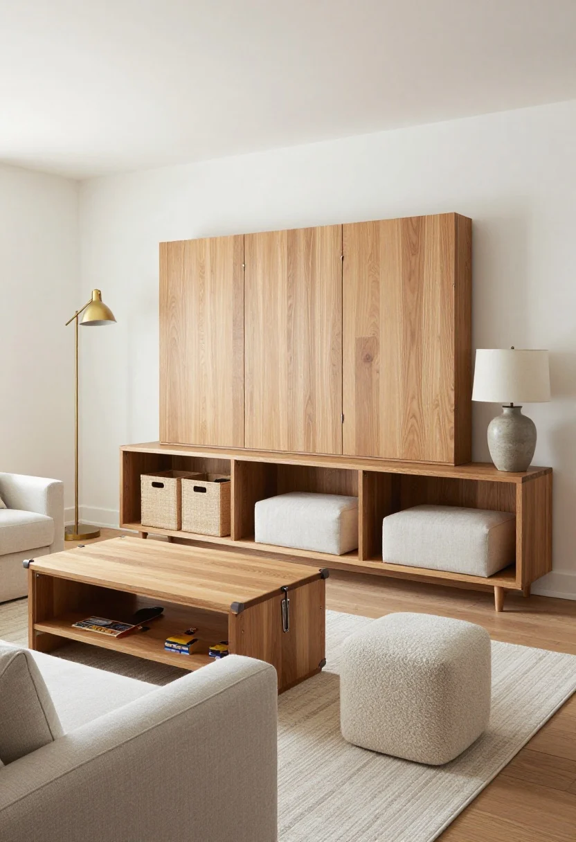 Wide living room shot from a corner angle, family-friendly but tidy: warm white walls, oak tones, an 8x10 rug anchoring the space; a trunk or lift-top coffee table 40–48 inches long with soft-close hinges and rounded corners at center, lid slightly open revealing hidden storage (board games/blankets implied, not messy); modular ottomans tucked under a console and one grouped as a footrest, each with hidden storage; sofa and ottomans in washable slipcovers, pale neutral palette, a boucle accent chair for texture; media console with doors, interior baskets labeled on the inside of doors; layered lighting with a brass floor lamp on dimmer and a ceramic table lamp with a fabric drum shade; no visible toy bins, calm and photorealistic.