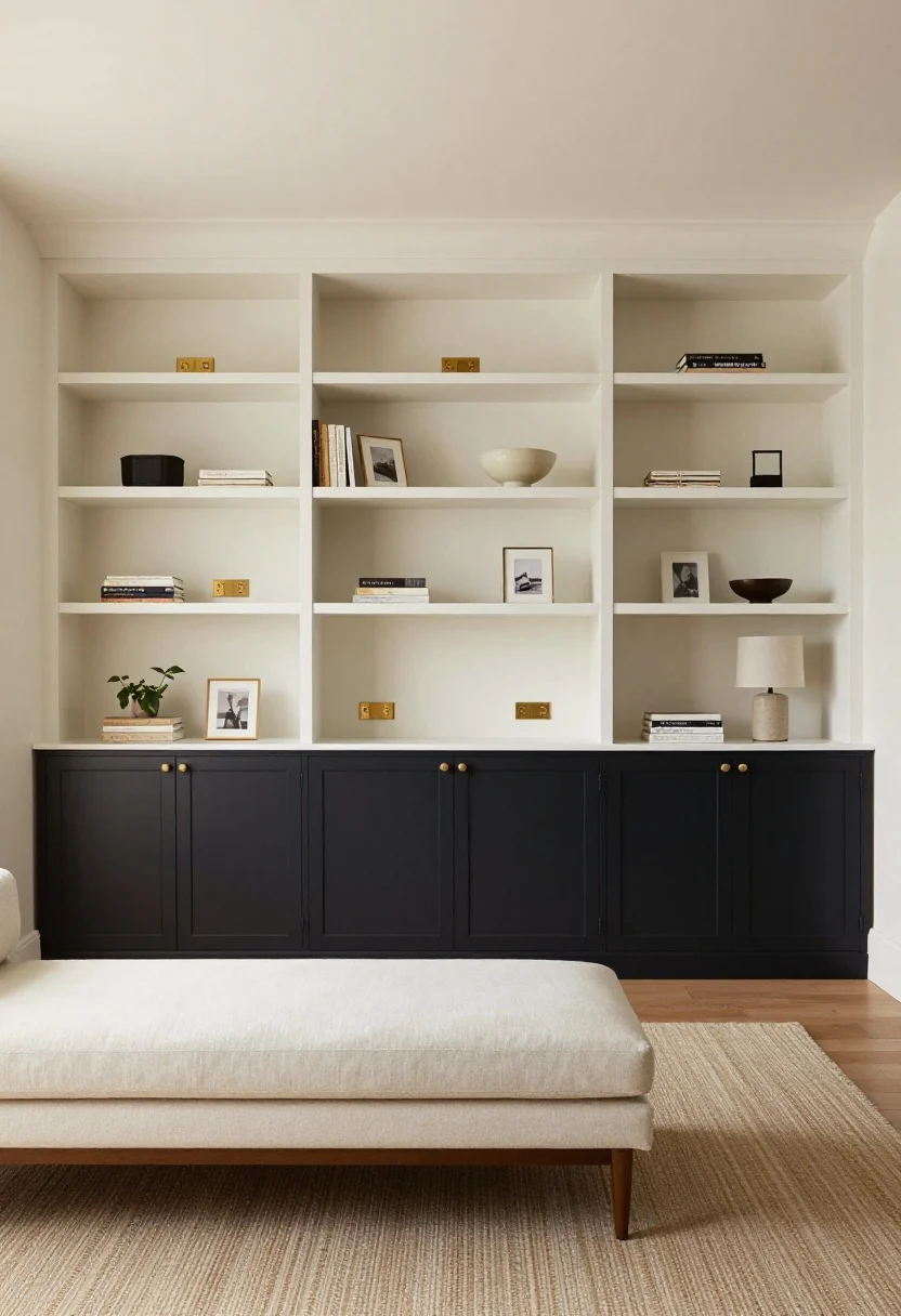 Wide living room shot, straight-on view of slim floor-to-ceiling built-ins spanning a small wall, 10–12 inches deep, painted warm white to match warm white walls (Benjamin Moore White Dove/Sherwin-Williams Alabaster vibe), lower third with closed cabinet doors featuring matte black or antique brass pulls, upper open shelves sparsely styled at 30–40% fill with stacked books, a couple framed photos, a ceramic bowl, and one leafy plant; centered low-profile sofa (32–34 inches deep) on an 8x10 rug with just front legs on the rug, a slim closed media cabinet in the center bay with cord grommets and no visible wires; brass plug-in picture lights over shelves and/or discreet puck lights in top bays, plus a linen drum table lamp; soft, low- to medium-light ambiance with subtle brass shine, calm palette of warm whites, oak accents, and brass details, photorealistic.