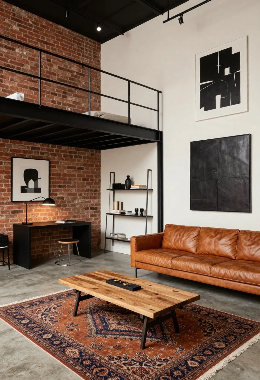 Wide loft view of an Industrial Gallery Loft: exposed brick and black metal windows, matte black steel lofted bed platform along one wall; beneath it, a compact modular desk with a slim task lamp and stool tucked away; opposite, a caramel leather loveseat facing a matte black rail-mounted TV; reclaimed wood coffee table on casters over a vintage Persian rug in rust and navy warming concrete/wood floors; oversized black-and-white prints and one large abstract canvas on walls; open metal shelving with curated objects and book stacks; track lighting washing walls to heighten ceiling; palette brick red, cognac, matte black, cream; moody, high-contrast, photorealistic.