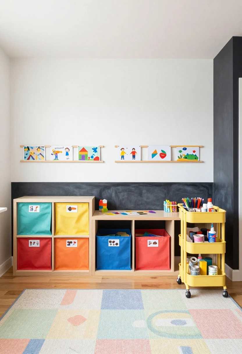 Wide, low eye-level shot of a kid’s creative zone: low color-coded cubbies along one wall—yellow for blocks, teal for puzzles, coral for art—with soft-close fabric bins and picture labels; a sturdy craft table centered; two magnetic gallery rails above displaying children’s artwork; flat files beneath for finished pieces; a rolling supply cart beside the table with clear stackable trays of markers, washi tape, and glue; rounded corners, washable rug tiles in muted brights, and a chalkboard wall stripe at kid height; cheerful, daylight-filled scene without visual noise.