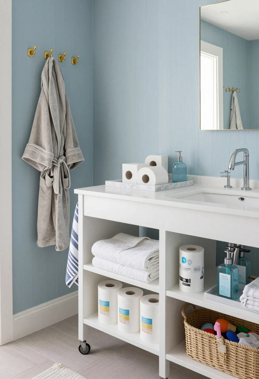 Wide room shot: A breezy coastal-inspired renter bathroom in misty blues, warm cane, and matte white. Straight-on view of a neutral white vanity with a slim cane-front rolling cart beside it holding neatly folded towels and extra toilet paper; stackable white bins inside the cart labeled for face masks, hair tools, and travel minis. Back-of-door lined with adhesive brass hooks holding robes and washcloths. Walls feature peel-and-stick beadboard wallpaper for texture. Rope-handled baskets on a lower floor shelf corral bath toys and bulk items. Counter styled with a blue glass soap dispenser and a marble-look tray; a striped Turkish towel draped casually adds seaside energy. Soft natural daylight, clean photorealism, calm beach-house mood.
