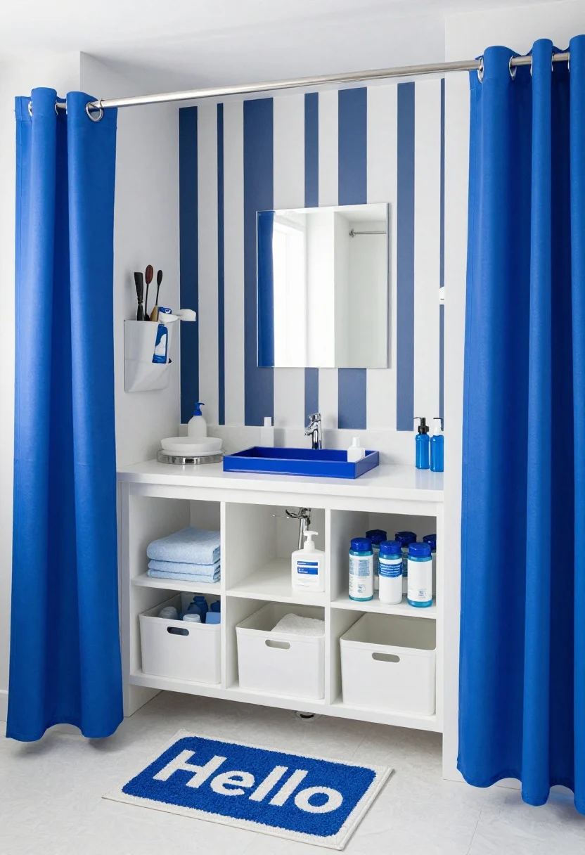Wide room shot, straight-on: Bold color-pop renter bathroom featuring peel-and-stick geometric stripe accent wall behind open shelves. Palette grounded by matte white accessories and chrome accents, with a single high-energy hue repeated—choose cobalt as the accent: a cobalt color-pop shower curtain and matching lacquered tray on the vanity. Under the sink, clear turntables keep items visible; modular white cube bins store washcloths, cleaning supplies, and bulk refills. An over-the-door pocket organizer holds hot tools and backup toiletries. Floor features a fun “Hello” bath mat; a small framed print echoes the cobalt tone. Bright, cheerful lighting for energetic mood.