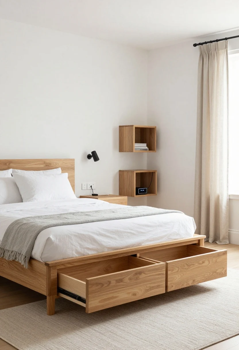 Wide shot, bedroom: warm white walls, a platform drawer bed in oak/walnut veneer with deep 9–12 inch drawers open on one side, floating 12–16 inch wide nightstands mounted at 24 inches high with cord grommets, plug-in sconces above each nightstand, and a flush-panel headboard with two flip-down cubbies slightly open showing a motion-sensor LED and hidden chargers with cable channeling. An 8x10 rug under the front two-thirds of a queen bed anchoring the scene, linen curtains hung 4–6 inches above the frame. Soft evening lighting; straight-on composition emphasizing open floor and calm lines.