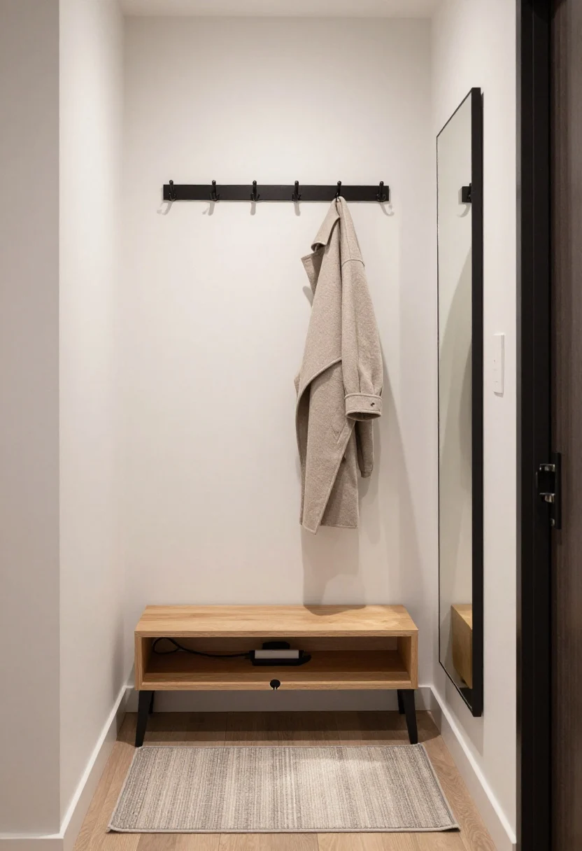 Wide shot, entryway: a narrow hall with warm white walls, a shallow 12–14 inch deep flip-top bench in pale oak with a matte black piano-style hinge and soft-close hardware, a hidden charging cubby cracked open showing a cable grommet and neatly routed power strip, a 36–48 inch run of matte black metal hooks mounted at 66–68 inches holding a couple of neutral coats elevated above the bench, a thin-profile 2x3 low-pile washable rug, and a narrow 12–18 inch wide vertical mirror that bounces light. Mood is clean and calm; include a subtle motion-sensor LED glow from inside the bench; straight-on perspective.