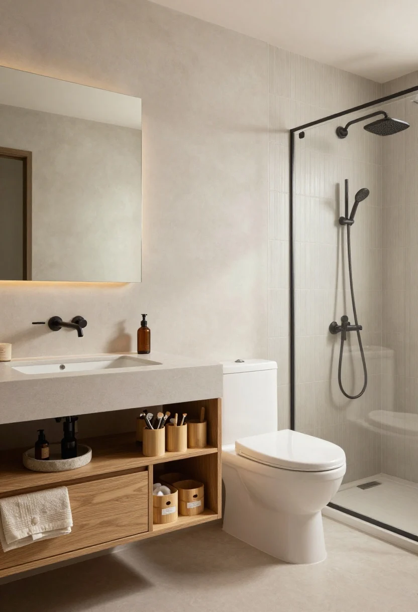 Wide shot, Japandi Calm bathroom: a matte oak floating vanity with clean lines against pale greige plaster walls, a large frameless backlit mirror casting soft ambient glow, ribbed ceramic tiles in the shower. Show a long tiled shower niche that continues across the wall behind the toilet and over the tub, concealed by a slim sliding wood slat panel on a discreet rail; panel half-open to reveal neatly arranged bamboo bins with razors, serums, and cotton pads. Include a triple-stack drawer system at the vanity with plumbing cutouts slightly ajar, a single stone tray on the counter with daily essentials, linen hand towels, and a calm palette of warm neutrals, soft white, and hints of charcoal. Straight-on perspective, natural morning light with warm highlights, photorealistic.