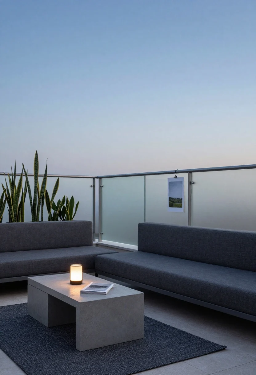 Wide shot, Modern Minimal balcony at twilight: metal railing clad with magnetic-backed acrylic panels finished in frosted film for uniform privacy; alternating bands of static-cling frosted film on adjacent glass rail for a designer semi-opaque look; graphite outdoor sofa, concrete-look nesting tables, and a charcoal flatweave rug; slimline planter with tall snake plants echoing vertical lines; neodymium magnetic strips with rubber backing subtly visible along panel edges; a cordless LED cube casts ambient glow; one framed outdoor art print hangs on an adhesive hook; palette charcoal, soft gray, matte black, olive green; straight-on, crisp, architectural, photorealistic.
