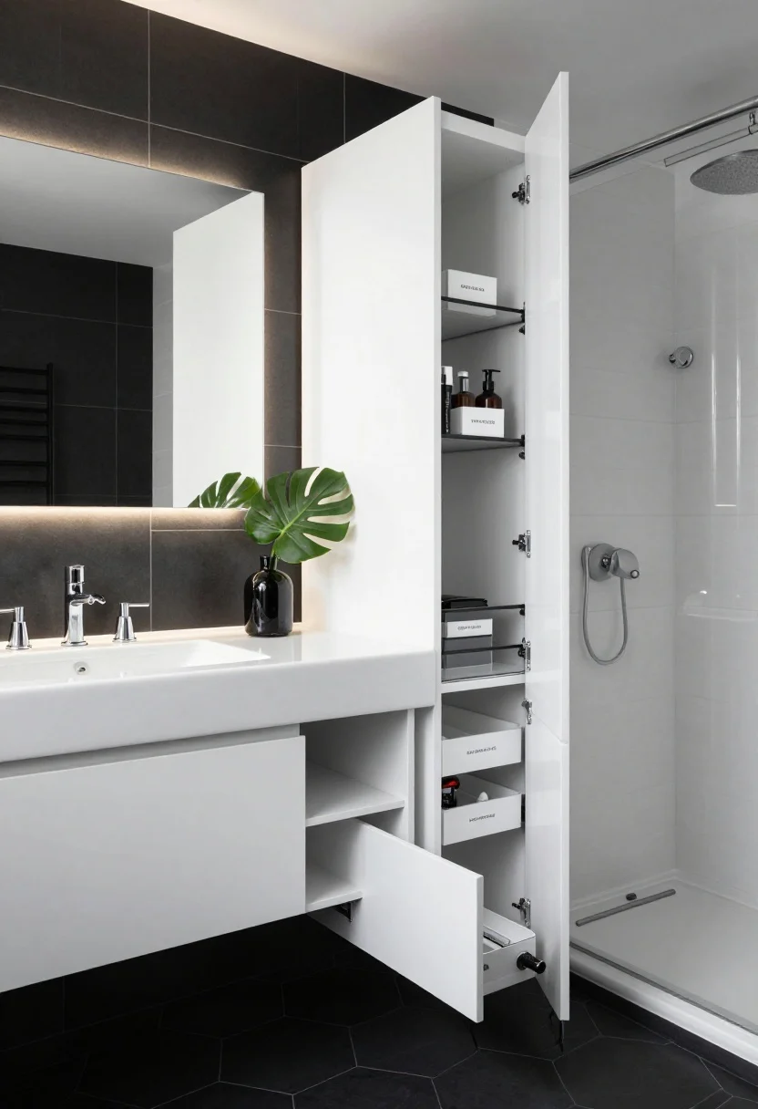 Wide shot, Modern Monochrome bathroom: matte black hex tile floor, glossy white stacked shower tiles, floating white vanity with integrated sink, linear LED sconces creating even, flattering illumination. Feature a skinny floor-to-ceiling tower cabinet next to the vanity, door open to show snap-in acrylic dividers and labeled shallow bins for skincare, oral care, hair care, travel kits. Under-sink drawers with U-shaped cutouts and a shallow soft-close top drawer slightly open; a hidden plug-in docking drawer for hair tools partially extended with cord management visible. Countertop nearly empty except a sleek soap pump and a single black vase with a monstera leaf. High-contrast black, white, matte chrome, photorealistic.