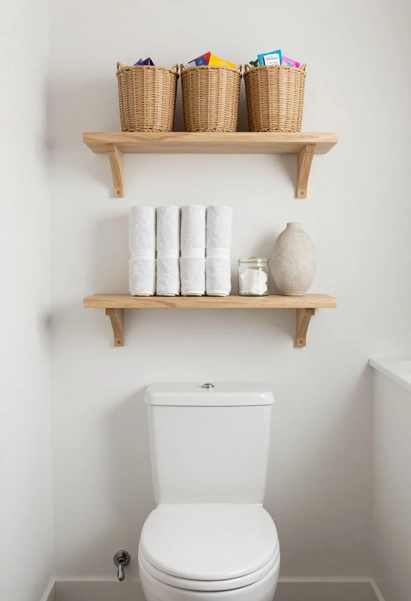 Wide shot of a guest bath focal wall with two light wood floating shelves centered above the toilet, installed perfectly level with anchors suitable for damp areas. Shelves are 12–16 inches apart to fit rolled hand towels stood vertically in a uniform basket. Three to four identical shallow woven baskets (6–8 inches deep) conceal colorful packaging; one clear glass canister with gasket holds cotton pads. One sculptural stone vase is the only decor. Palette remains pale: white walls, light wood, soft textures; overall look calm and airy with controlled visual noise.