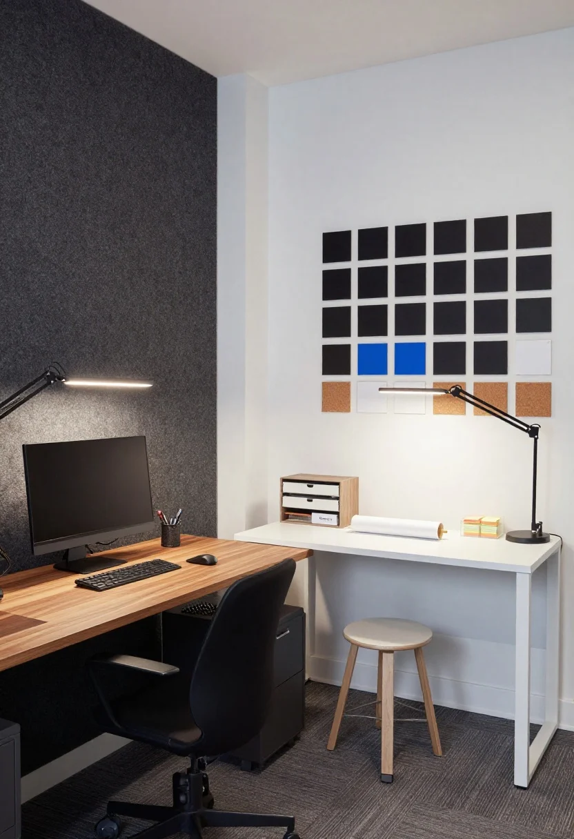 Wide shot of a studio-style office showing two distinct zones: Focus Desk with walnut surface, monitor arm, and a single pen cup against a charcoal felt sound-dampening panel; across the room, the Ideas Desk—a white laminate table with mounted paper roll on a dowel, clear bins of sticky notes, and a standing-only stool; wall grid of cork squares for mood boards; color plan of black/white/walnut with pops of cobalt file folders for instant visibility; two shallow drawer units with tabbed inserts labeled by active projects; lighting split—a focused-beam task lamp at the Focus Desk and a diffused swing-arm above the Ideas Desk; by the door, a “Return” reset shelf; bright, even daylight, photorealistic.