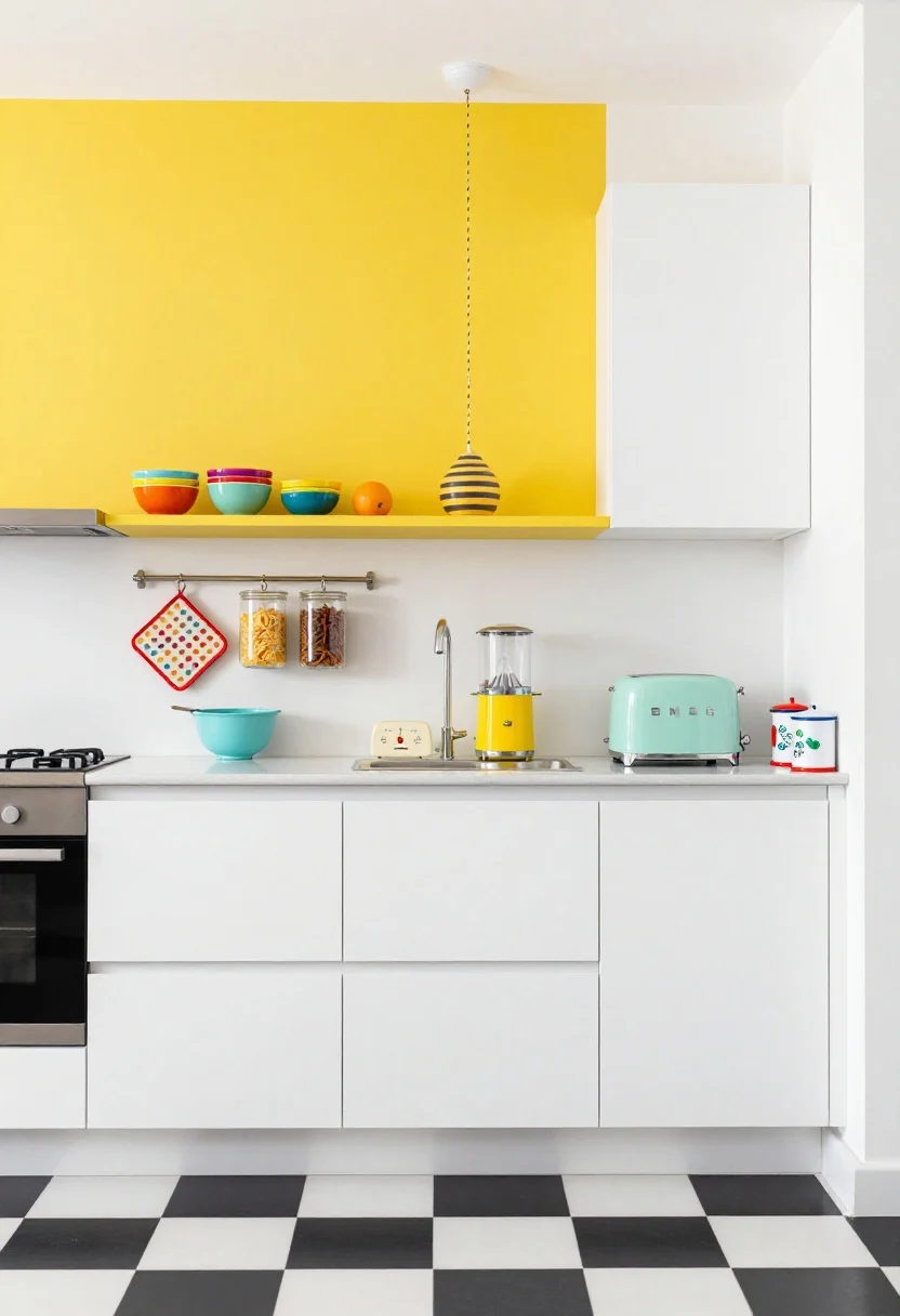Wide shot, Playful Color Pop: bright, joyful tiny kitchen with white cabinets, glossy white backsplash, black-and-white checkerboard vinyl floor; single shelf painted sunny marigold matching a striped pendant cord; mint-green SMEG-style toaster on the counter; shelf styled with stacked rainbow bowls, a bright citrus juicer, and clear jars of candy-colored pasta; peg rail below holding patterned potholders and a small teal mini colander; retro timer and enamel canisters with playful labels; vibrant, high-key lighting, straight-on composition.