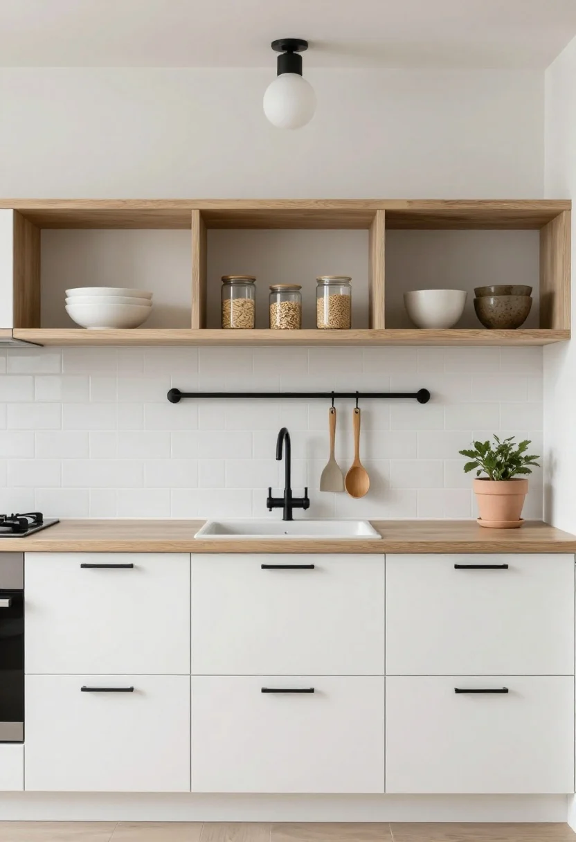 Wide shot, Scandinavian Calm kitchen: matte white cabinets with slim black bar pulls, bleached ash open shelf running wall-to-wall above the sink over white subway tile with soft gray grout; shelf styled with stacked white bowls, clear glass canisters of oats and quinoa, and a single pale terracotta plant pot; a black metal rail beneath holding three wood-handled utensils; simple globe sconce above the shelf casting a soft glow; palette of white, ash wood, soft gray, and matte black accents; calm, minimal mood, no people, photorealistic, straight-on view.