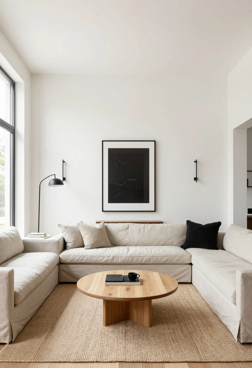Wide shot, straight-on: A sunlit minimalist living room with warm white walls and huge windows, a low-profile oatmeal linen track-arm sofa, a pale oak rounded-corner coffee table on a woven jute rug, nesting side tables, a slender soft-black metal floor lamp, and a closed media console with fluted doors. Palette limited to warm white, oat, and soft black accents. One oversized black-and-white art piece centered above the sofa, flanked by two slim wall sconces. Surfaces cleared to essentials, bright natural daylight filling the room, photorealistic.