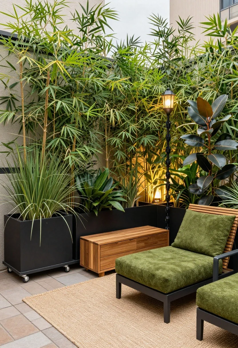 Wide shot, Urban Jungle Retreat balcony at dusk: a row of tall rectangular matte-black planters on rolling caddies forms a leafy privacy wall with mixed bamboo, clumping grasses, and rubber trees; snap-together faux deck tiles underfoot topped with a weatherproof jute rug; a low teak storage bench and two slatted lounge chairs with moss-green cushions; solar lantern chain draped from a freestanding pole base to a tall planter creating a soft canopy glow; colors forest green, warm teak, matte black; include invisible bungee-tethered planters for wind stability; photograph from a corner angle to emphasize height and lush density, no people, photorealistic.