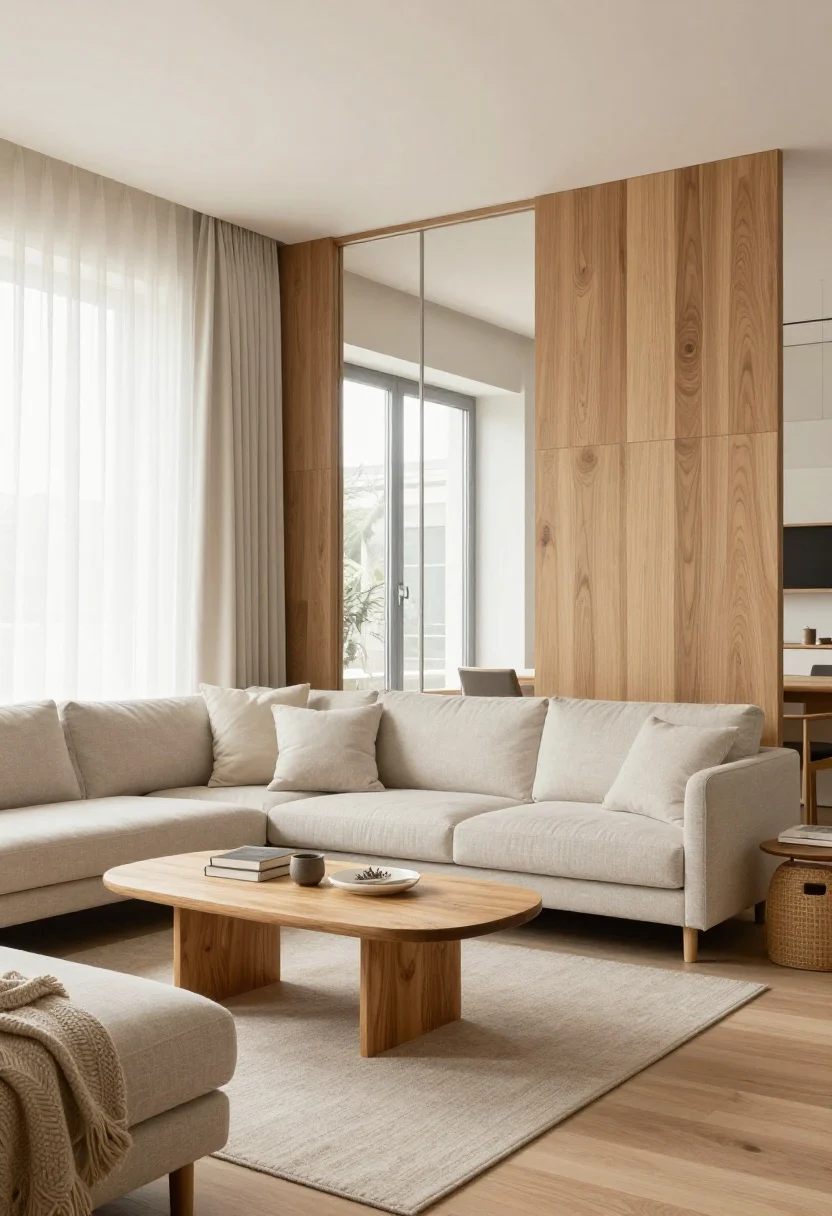 Wide, straight-on composite shot for the Conclusion that conveys clarity, texture, and smart lines: a small studio staged with one cohesive look of your choice (neutral base, natural woods, layered textures), clear zones for living, sleeping, and dining without clutter; tall curtains elongating walls, see-through divider maintaining light, coordinated color palette, and strategic lighting layers; no people; emphasis on how a unified style makes the space feel larger; bright, photorealistic, inviting.