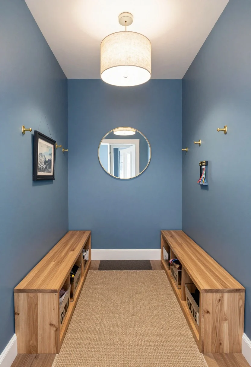 Wide, straight-on foyer shot capturing a calm-start entry with slate blue walls, a warm oak bench, brushed brass wall hooks, and a low tight-weave runner rug anchoring the zone; a cubby console with open shoe cubbies and clear acrylic baskets labeled in bold high-contrast text (one per person); a round 30-inch mirror with a thin brass frame reflecting soft light; a semi-flush linen drum ceiling light providing bright, diffused illumination; a small framed art piece swinging open to reveal a hidden magnetic strip with keys; a charging tray by the door with color-coded cords; darker floor mat against lighter wall to create visual boundaries; photorealistic, no people.