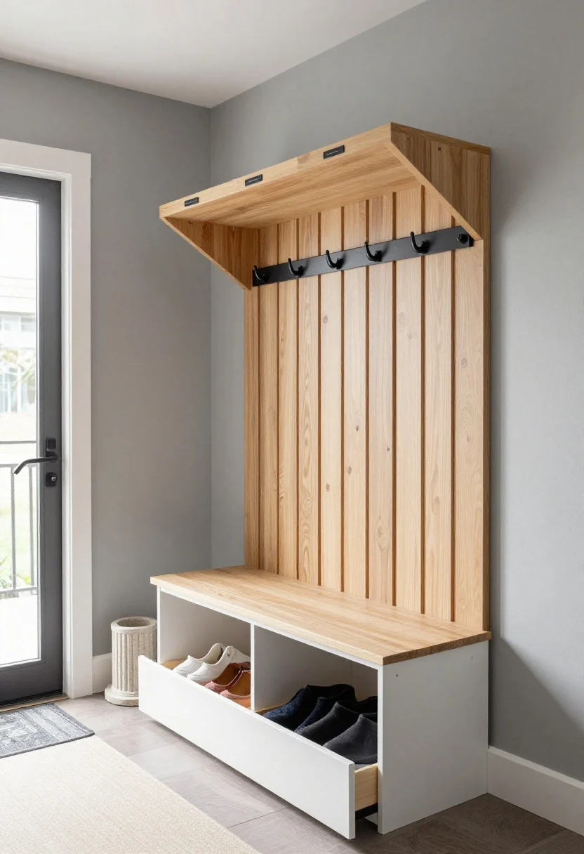 Wide, straight-on shot of a Scandi-inspired mudroom in soft mushroom gray with a slat-wood panel and matte black wall-mounted hook rail; a white-oak flip-top bench with ventilated shoe crates slid out like drawers; overhead label-ready wall cubbies with matching black metal labels for each family member; a ribbed stone umbrella tray by the door; a narrow graphite-and-cream runner grounding the entry; clean, natural daylight, clutter-free and calm.