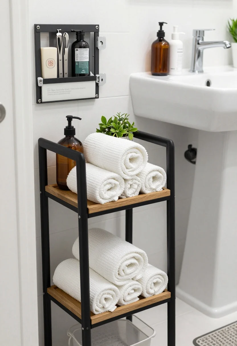 Closeup detail shot of “The Spa-Laundry Bathroom”: leaning ladder shelf in matte black or natural wood holding rolled white waffle towels, amber pump bottles, and a small plant. In the background, a freestanding under-sink unit frames a pedestal sink to hide cleaning supplies. Inside a partially open medicine cabinet, a magnetic strip organizes tweezers and clippers. In the shower area, peel-and-stick corner shelves hold neatly arranged bottles. A slim rolling hamper in view beside the vanity. Palette: crisp white and sage with matte black hardware for contrast. Clean, zen atmosphere with bright, diffused bathroom lighting.