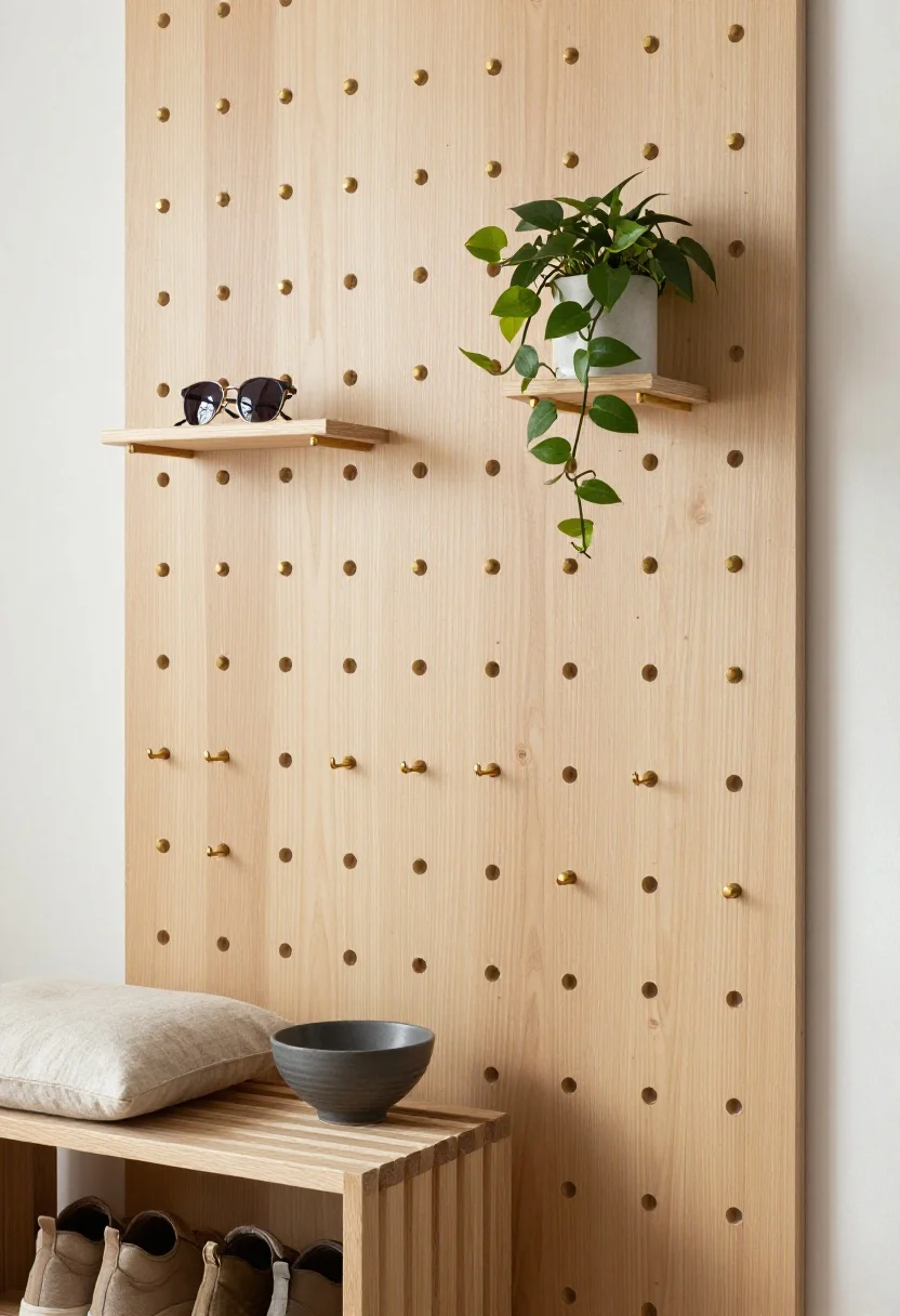 Detail closeup, angled view of a Japandi pegboard wall system: full-height birch pegboard panel with unlacquered brass pegs arranged by zones (top third holding light items like sunglasses on a small shelf and a tiny planter with trailing pothos; middle with everyday grab-and-go hooks; bottom with pegs for bags and hats). In the foreground edge, a low slatted bench in natural ash with a linen cushion; two shallow boxes slid underneath for shoes and winter gear. A graphite ceramic bowl on a small peg shelf serving as a key catch. Palette of sand, clay, and warm white. Soft diffused daylight, artisanal and airy mood, photorealistic texture of birch grain and brass patina.