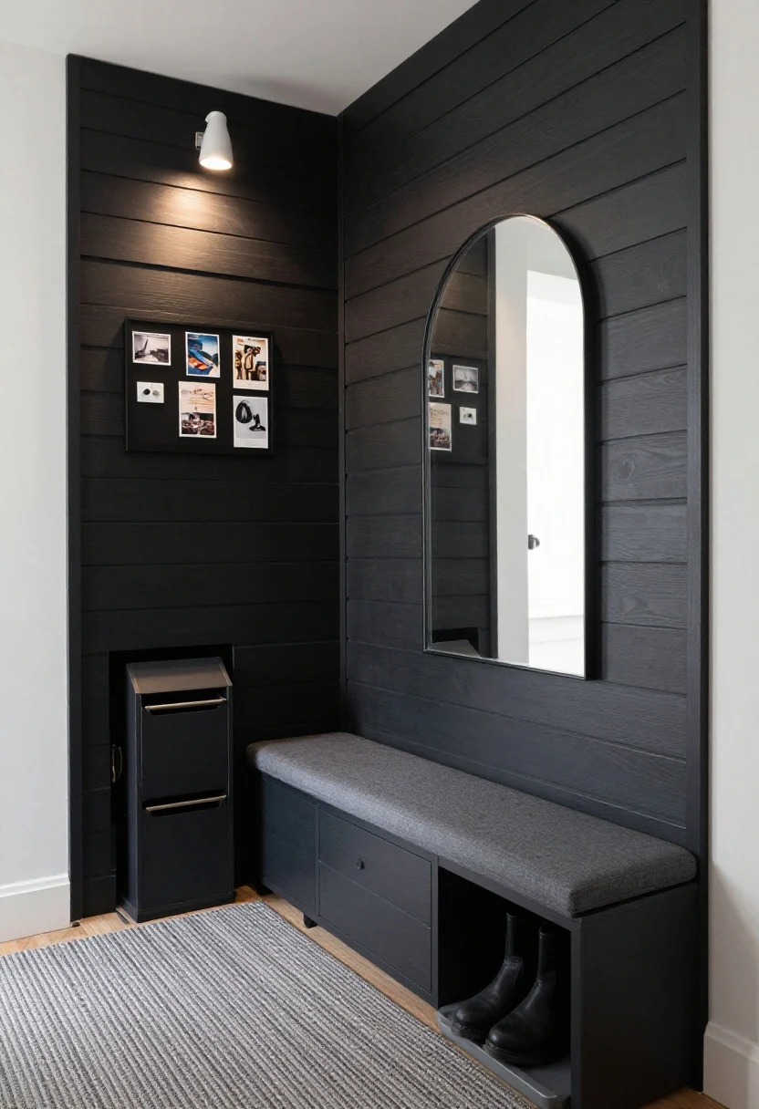 Detail closeup, eye-level of a moody charcoal entryway: floor-to-ceiling slat panels painted deep charcoal. One section is partially opened to reveal flip-out shoe racks and a tilt-down mail bin within an 8–10 inch depth. Include a glimpse of a compact upholstered bench with drawer storage below, and the edge of an arched mirror that’s a concealed medicine-cabinet-style box. Lighting from a milk-glass flush mount creates subtle highlights; add a tiny picture light above a micro gallery of postcards. Finish hints: ribbed doormat and graphite tray for boots at the frame edge. Dramatic, intentional mood.