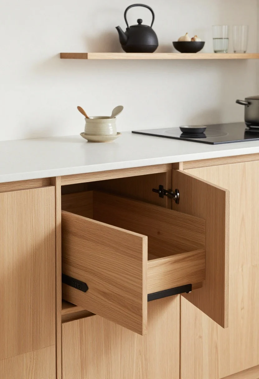 Detail closeup, slightly angled, of a Japandi minimalist storage solution: flat-front natural oak cabinetry with integrated pulls, showing a full-height pull-out larder partially extended and deep toe-kick drawers open to reveal hidden storage. Background hints of a porcelain slab backsplash. Countertop remains nearly empty except a single ceramic crock with daily utensils and a low-profile induction cooktop; a tray with tea essentials is minimally composed. Above, a thin long floating shelf holds a matte black teapot, ribbed glasses, and a small black bowl with garlic. Palette: natural oak, warm white, soft black. Photorealistic, serene ambient light, calm shadows, sculptural forms emphasized.