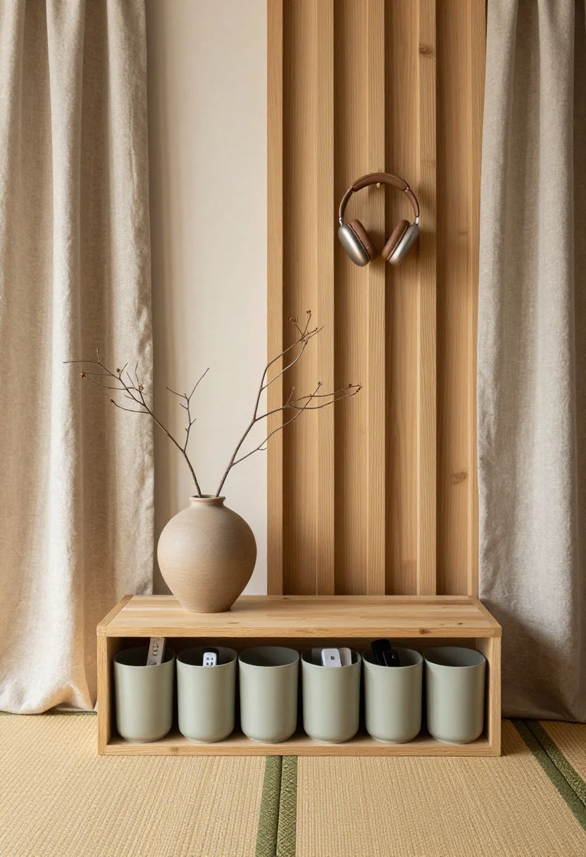 Detail closeup, The Earthy Japandi Retreat: nubby linen and bamboo textures with matte ceramics in warm beige, clay, and soft sage; a low bench edge with shoebox-sized organizers sliding underneath for remotes, incense, and chargers; a single ceramic vase holding a simple branch as the hero focal point; glimpse of a tatami-style floor mat and a linen room screen used as a soft divider on a dowel rod; narrow wood-slat panel on the wall with headphones neatly hung; calm, diffused natural light emphasizing textures, photorealistic macro feel, no people.