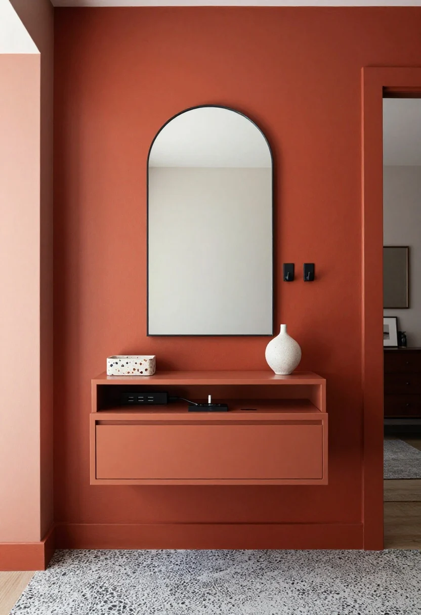 Detail-oriented, straight-on composition of a bold color block entry with hidden tech charging: floor-to-ceiling color block in spicy terracotta framing the door and extending 36" into the room. Centered within, a minimalist floating drawer shelf (nightstand-style) acting as a console; drawer slightly ajar to reveal a USB/USB-C power strip and tidy cable grommets, cords hidden. Above, a tall arched mirror with a super-thin frame centered in the color field. Two matte-black pivot hooks nearby, folded flat. On the console top, a textured terrazzo catchall and a sculptural bud vase. Floor features a patterned cement-look mat in black and white for crisp contrast. Clean, graphic, energetic mood under balanced natural light.