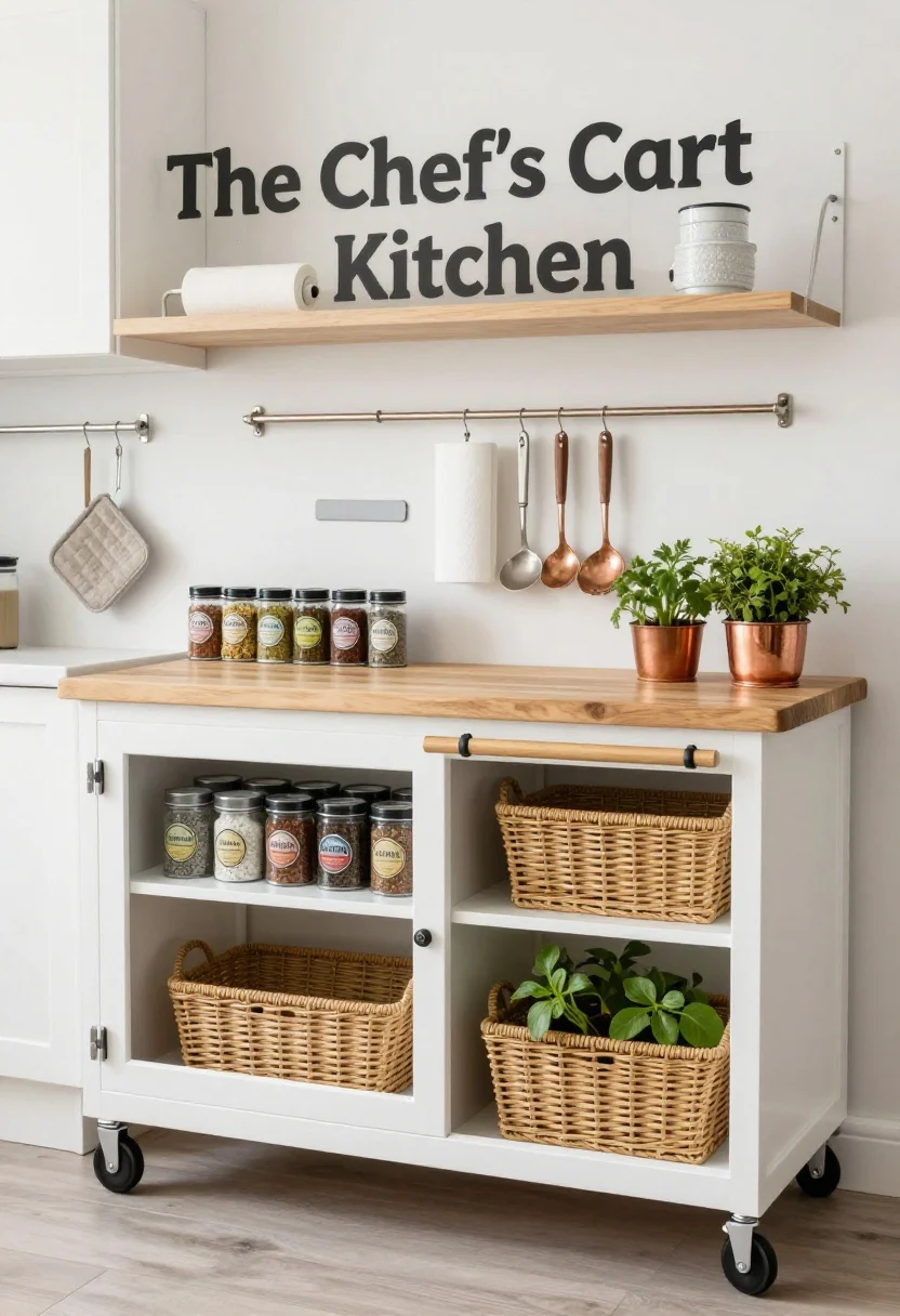 Detail overhead shot of “The Chef’s Cart Kitchen” work zone: a butcher-block rolling cart used as a mobile island, styled with magnetic spice tins in tidy rows, a knife bar attached via a removable adhesive strip, and under-shelf baskets visible inside a nearby cabinet doubling space. Include a tension rod mounted under upper cabinets holding paper towels and a hanging cleaning spray. Peel-and-stick rails on the backsplash display utensils and potholders. Color/materials: white enamel, natural wood, copper utensils, and small pots of leafy herbs. Bright, clean kitchen light, high realism.