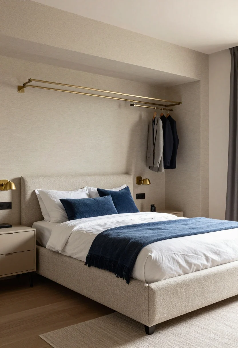 Medium bedroom shot, straight-on view of “The Elevated Bed Nook”: a lift-up storage bed with a gas-lift base in textured boucle or linen, bed slightly ajar to hint at hidden storage. Flanking the bed are narrow drawer nightstands kept clear by plug-in brass or black sconces mounted above. Overhead, a tension wardrobe rail spans between two freestanding armoires to form a closet bridge with a few neatly hung garments. The wall features oversized peel-and-stick grasscloth adding tactile texture. Palette: chalky taupe, warm taupe-gray, brushed brass, indigo accents in pillows or throw. Hotel-polished mood, warm layered lighting from sconces and soft daylight.