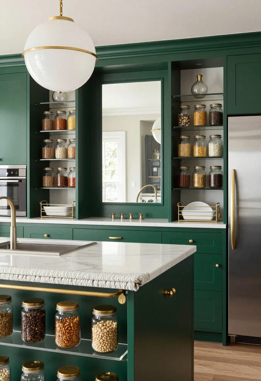 Medium closeup glam vignette of a retro luxe kitchen section: forest green cabinets with polished brass pulls, a smoked mirror backsplash that subtly doubles the space. Flanking the range are narrow mirrored shelves lined with apothecary-style jars of decanted grains and spices that sparkle under soft light. Foreground includes a bar-cart-style island with acrylic shelves holding more apothecary jars; a patterned roman shade above ties into the cabinet color. A globe pendant in milk glass glows overhead, and a gold wire rack stores baking sheets vertically beside the fridge. Palette: deep green, brass, smoked mirror, warm white. Photorealistic, soft glam lighting with crisp reflections.