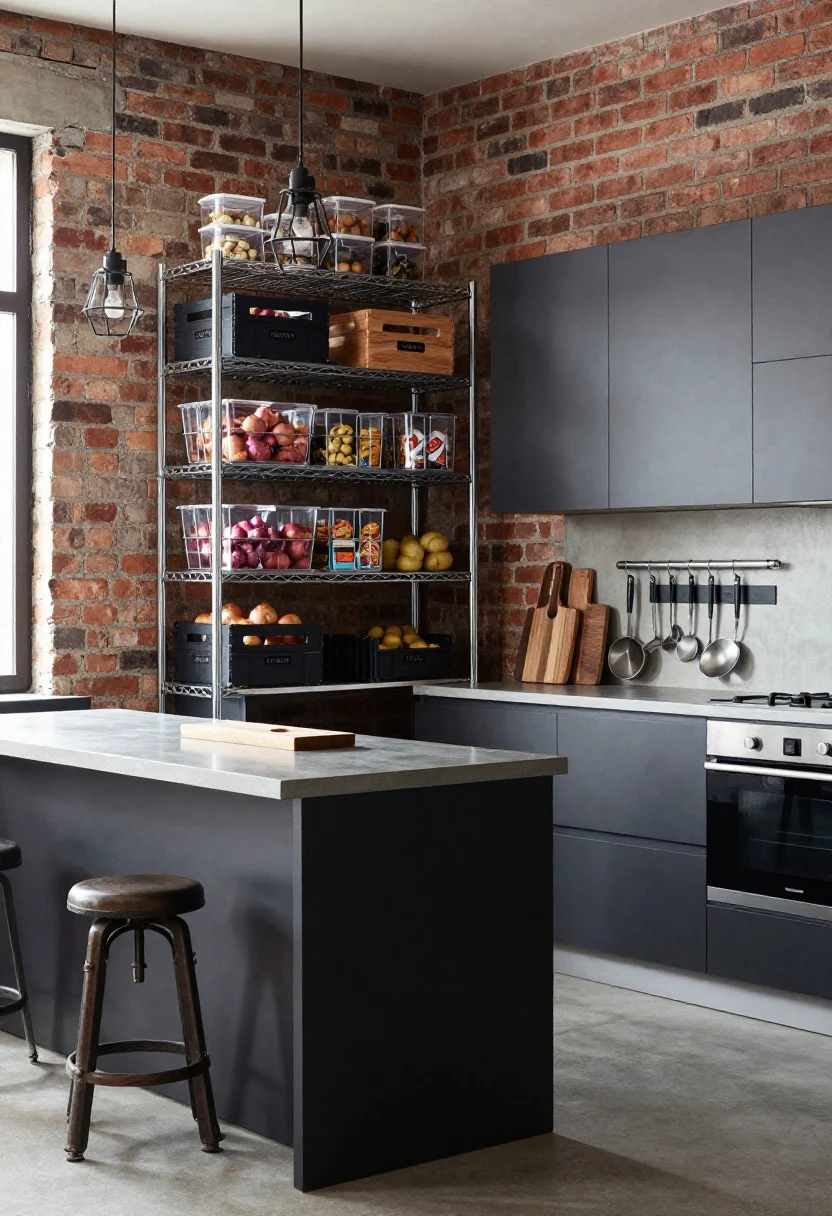 Medium corner angle of an industrial loft kitchenette: exposed brick wall, charcoal cabinets, and a stainless worktable island. A tall chrome wire shelving unit serves as an open pantry, styled like a boutique grocer: labeled crates for onions and potatoes, clear bins for snacks, and stackable airtight containers up top. On the wall, a magnetic knife strip and two pot rails showcase gleaming tools and pans. A vintage factory stool tucks by the island; caged pendant lights hang overhead. Textures emphasized: wire shelving, concrete-look counters, rugged wood cutting boards. Palette: charcoal, brick red, black, stainless steel. Photorealistic, moody yet bright industrial lighting.