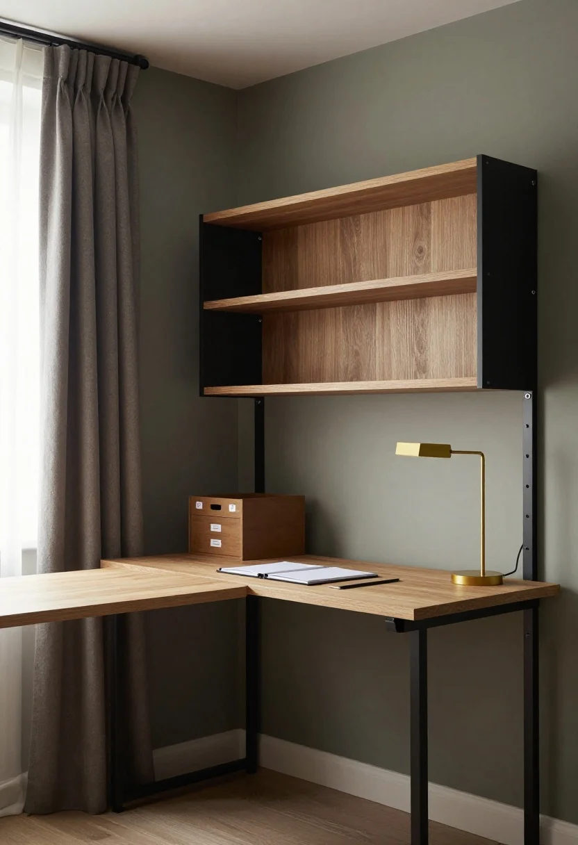 Medium corner shot of “The Cloffice Bay”: a fold-down wall desk attached with removable adhesive rails or a compact freestanding secretary desk, surface organized with labeled document boxes. Above, tension bookshelves running floor-to-ceiling with slim black uprights and warm oak shelves. Cables hidden in adhesive cord channels; a two-drawer file cabinet neatly tucked beneath the desk. Floor-length curtains on a tension rod frame the bay, ready to close and conceal. Colors: mushroom walls, charcoal details, olive accents, a touch of burnished gold in hardware or a slim task lamp. Calm, functional mood, soft indirect daylight.