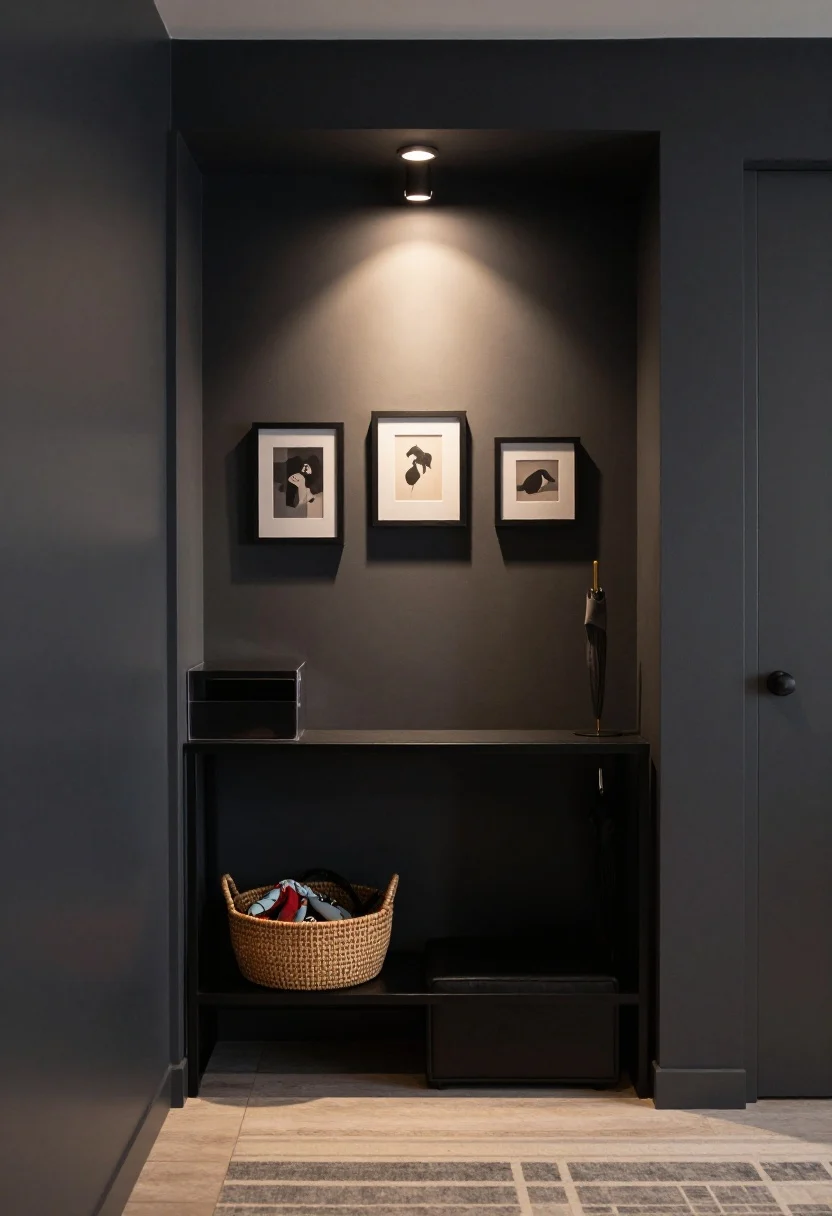 Medium hallway scene of a modern gallery niche with hidden storage: deep charcoal matte walls, a slim black metal console with a lower shelf, and a narrow runner in graphite and cream stripes elongating the space. Above the console, a tight mini art wall with three small pieces in mismatched frames. A plug-in picture light mounted above the grouping casts a warm focused glow, creating a curated nook feel. Beneath the console, a storage ottoman tucked in as a seat and hidden stash. On the lower shelf, a lidded rattan basket for scarves and leashes; behind the art, suggest the presence of an acrylic mail sorter (hinted by a discrete acrylic edge). A sculptural umbrella stand by the door. Low, moody evening lighting balanced by the picture light.