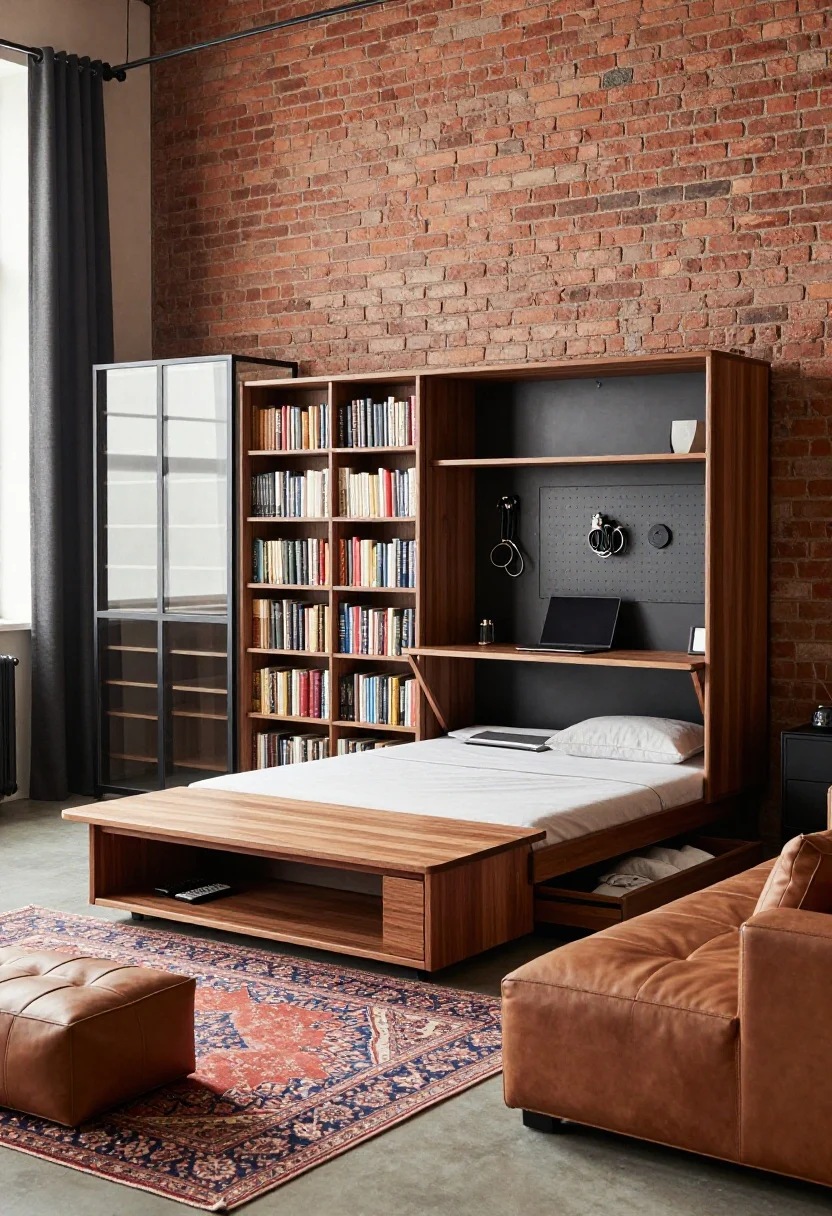 Medium shot, angled view of an industrial studio: exposed brick wall, black metal accents, and warm walnut tones. Center a murphy bed with integrated shelving that reads like a sleek bookcase (bed closed), a drop-leaf dining table folded to console size, and a sofa with under-seat drawers slightly open to show linens. Include a steel-and-glass partition with a pivoting panel concealing a slim closet system, a wall-mounted fold-down desk opened to reveal a pegboard interior with organized cables and a laptop dock, and a lift-top coffee table with a hidden compartment for remotes. Soften with a Persian-style rug, cognac leather poufs, and linen curtains on black cafe rods. Warm, loft-like daylight.