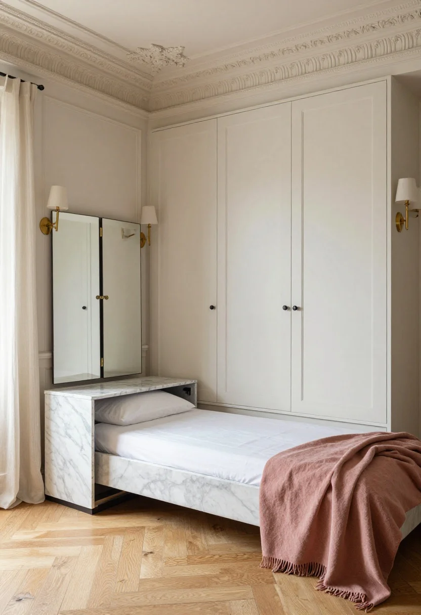 Medium shot, corner angle of a Parisian petite bedroom: ivory walls with classic molding, ornate ceiling medallion, herringbone vinyl floors. Feature a paneled headboard wall that’s actually hidden wardrobes with push-latch doors blending into the molding. Include a hydraulic-lift storage bed (closed), narrow marble-topped nightstands with secret drawers tucked beneath the apron, and a floor-length mirror that doubles as a hinged jewelry cabinet. Add linen drapery, soft brass sconces with fabric shades, and a dusty-rose throw. Elegant, light-filled ambiance.