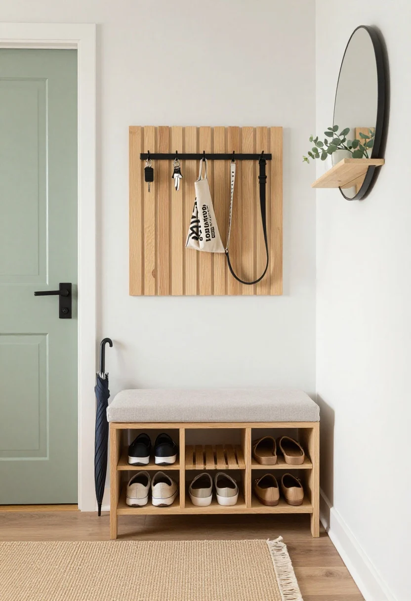 Medium shot from the entry corner of “The Japandi Entry”: a light-ash slatted shoe bench with a cushioned top and cubbies below neatly holding shoes. Above, a peel-and-stick wood slat panel adds vertical texture; adhesive matte-black metal pegs hold keys, a dog leash, and a daily tote. A skinny umbrella stand sits beside the door; a closed-door cabinet about 18 inches deep provides concealed storage for mail and winter gear. Include a sand and eucalyptus green palette with soft black details, a flat-weave runner on the floor, a round wall mirror with a tiny shelf, and shallow catchall trays on the cabinet. Calm, spa-like mood, natural daylight, straight-on perspective.