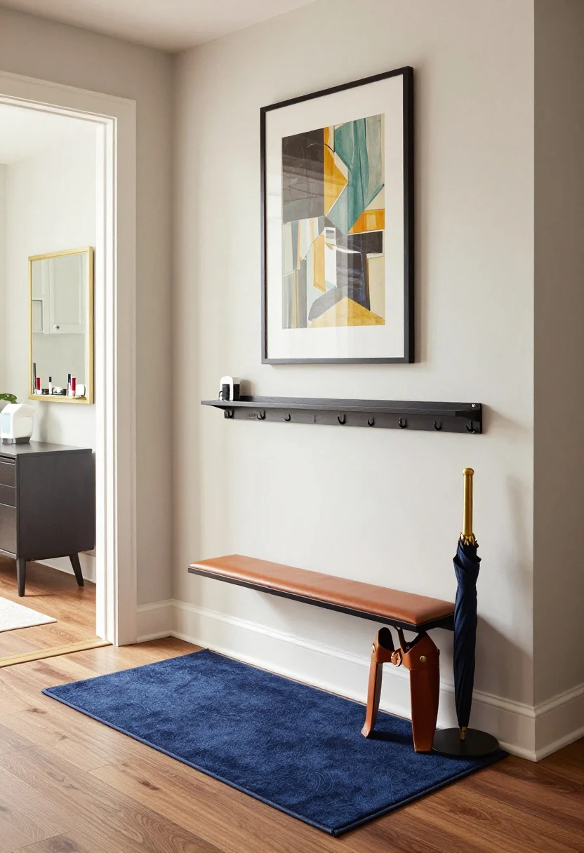 Medium shot, The Dual-Duty Entry Lounge: an entry zone within a living room defined by a washable rug runner; deep, welcoming palette of ink blue, brass, and caramel leather accents; a bold art piece faces the front door; a wall-mounted skinny drop zone with one shelf at hip height and a second at ankle height for shoes; a mirror with a tiny ledge holding lip balm and a lint roller; a narrow umbrella stand doubling as a wrapping-paper holder; purposeful hook sets labeled for daily bags, guests, and dog gear; a stool tucked under the shelf for shoe tying; warm ambient lighting, photorealistic, slight corner perspective.