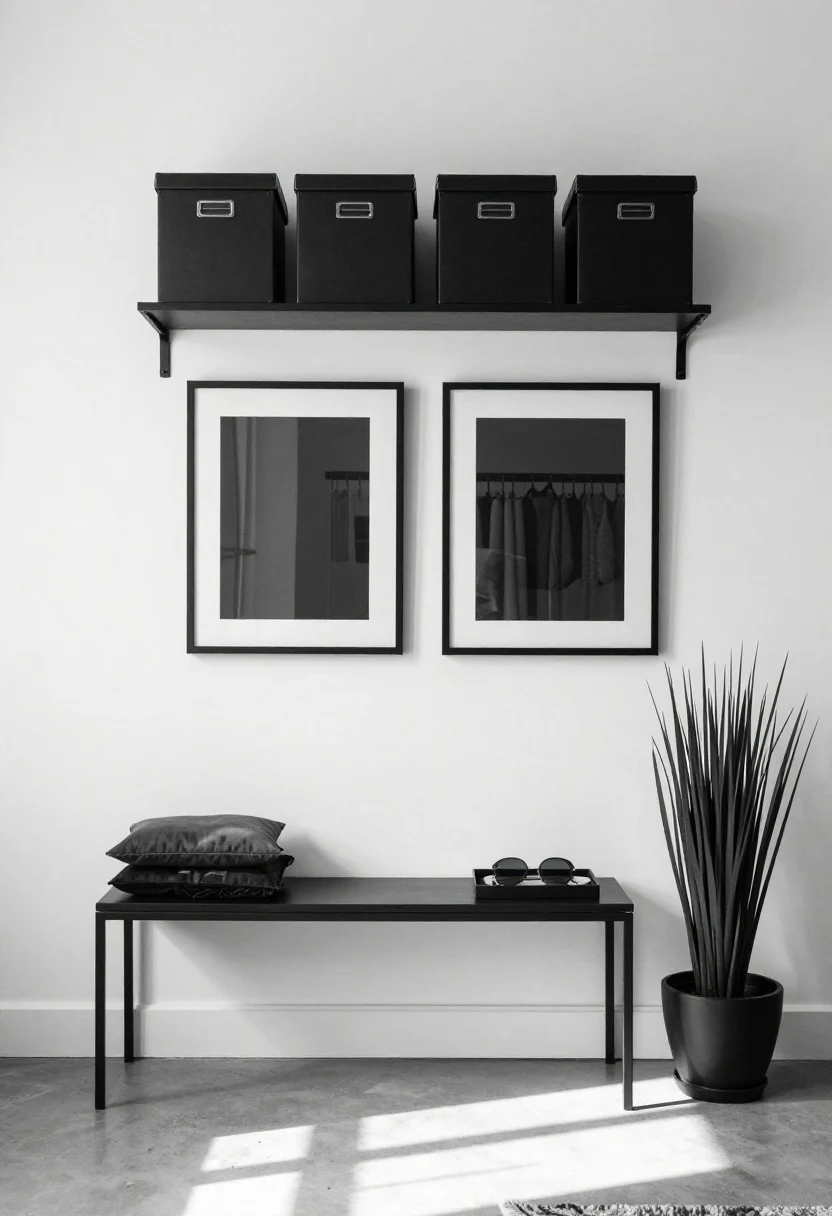 Medium shot, The Monochrome Loft Look: black-white-charcoal palette with one graphite accent wall and remaining walls bright white; sleek console repurposed from a narrow bench with minimal decor; black-framed art and a single oversized plant in a matte black pot; near the ceiling, two sturdy wall shelves hold labeled storage boxes; below, a tension-rod curtain panel conceals a mini closet of stacked bins; repeated black metal details in lamp base, frames, and hardware; floor pillows stacked neatly; tray by the door for wallet, keys, sunglasses; crisp, directional daylight with soft shadows, straight-on view, photorealistic.