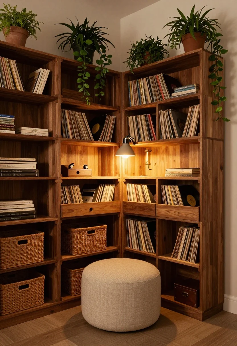 Medium shot, The Warm Wood Library Nook: a cozy reading corner with stacked, repurposed wooden crates forming a wall-to-wall “library” in walnut and honey oak tones; crates arranged at varied heights with a clamp lamp clipped to a crate for task lighting, warm amber LEDs creating a golden glow; one crate functions as a pull-out coffee tray, another holds vinyl records; linen-textured ottoman and a vintage crate as a side table; lidded baskets tucked into lower crates for hidden tech storage; trailing plants along the top and paperbacks turned spine-in for a calm look; cream and forest green accents throughout; corner angle, evening warmth, photorealistic.