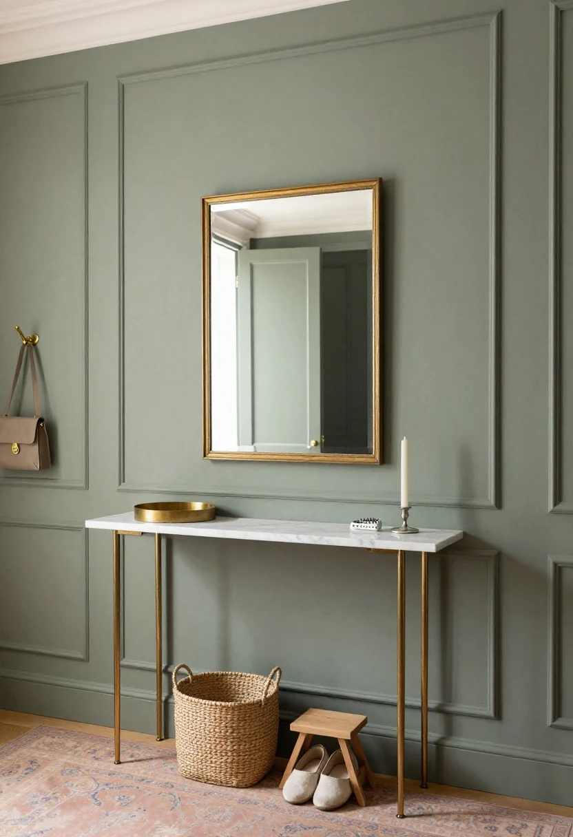 Medium, straight-on vignette of a petite Parisian console with mirror and molding: walls painted warm greige with peel-and-stick picture-frame molding for classic apartment charm. A marble-topped console floating lightly on dainty brass legs; above it, a vintage-inspired gilded mirror reflecting soft daylight. Beneath, a woven belly basket for slippers and a small folding stool in natural tones. On the console: a brass catchall tray, a petite ceramic matchstriker, and a slim taper candle in a delicate holder. On the wall, a single sculptural brass hook displaying a trench or bag (no person). Floor grounded by a faded Persian-style mat in dusty rose and indigo. Elegant, softly lit, photorealistic.