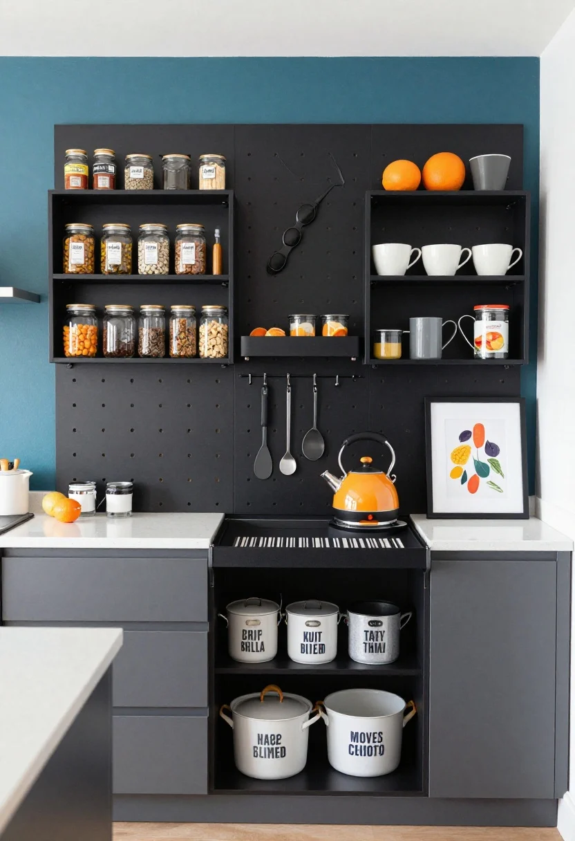 Overhead and front hybrid detail shot focusing on a modern graphic pegboard wall: ink black or deep teal feature wall with full-height birch pegboard outfitted with rearrangeable powder-coated shelves, hooks, and bins. Zones are clear: upper lightweight spice rack module with labeled jars, mid-level daily tools, and lower heavy pots and stackable lidded bins labeled in a bold font. Adjacent elements show matte gray cabinets, white quartz counters, and a striped runner. A fold-down prep shelf on the pegboard is open, with a color-pop kettle nearby and framed foodie prints adding personality. Palette: deep teal/black, gray, white, pops of citrus. Photorealistic, bright even lighting, playful yet tidy.