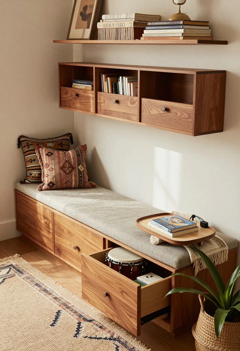 Overhead detail shot of an artful boho reading nook’s built-in bench: wall-to-wall window bench in warm wood with deep drawers and a hinged center compartment open to reveal bulky items. On top, a boucle bench pad with kilim cushions and a tasseled throw. Capture floating shelves above mixing open display with hidden box-front cubbies whose fronts look like art panels with subtle finger pulls underneath. Include a drum side table opened from the top hiding chargers and books, layered rugs (jute base, patterned wool on top), and the leaves of a plant in a woven basket peeking in. Cozy, earthy tones with dappled natural light.