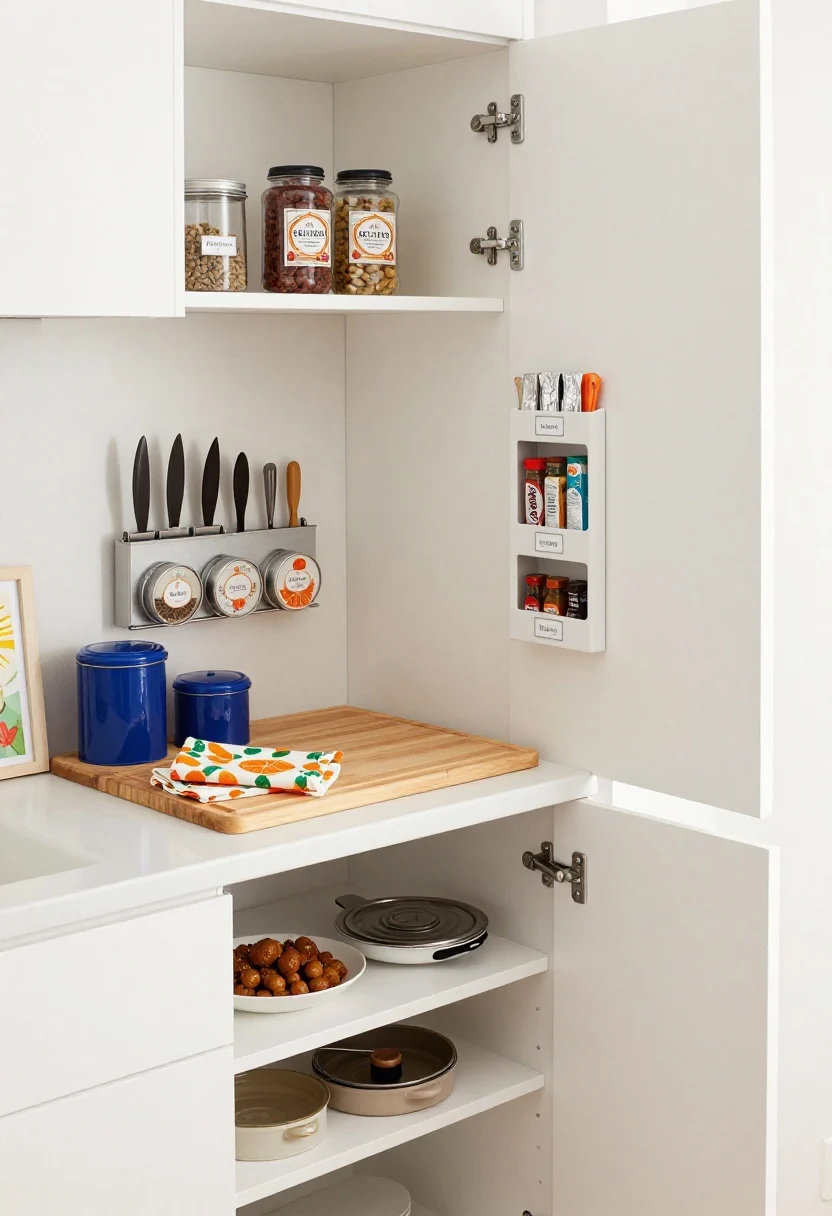 Overhead shot, The Color-Pop Pantry Kitchenette: a compact white kitchenette countertop cleared by a cutting board spanning the sink; cobalt blue canisters, citrus-patterned tea towels, and a sunny art print edge visible; a magnetic strip on the backsplash holds knives and round spice tins; inside a slightly open cabinet door, adhesive hooks organize measuring cups and pot lids; pantry door with a narrow shoe organizer repurposed as a labeled snack and foil-wrap station; shelves zoned by task (coffee, breakfast, baking) with simple labels; bright, clean task lighting, photorealistic.