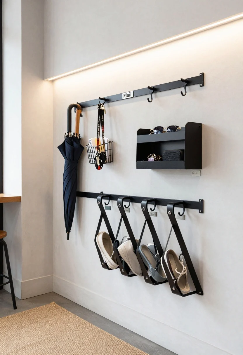 Tight, corner-angle shot of an industrial micro entry rail system: wall-mounted black steel rail with S-hooks holding totes, umbrellas, and a dog leash. A magnetic strip on the rail corrals keys; a small wire basket labeled “Mail” catches incoming letters. Slide-on mini shelves hold sunglasses and a compact Bluetooth speaker. Below, a wall-hung shoe rack with angled slats so sneakers don’t jut out. Tiny enamel tags mark zones: “Mail,” “Keys,” “Mask,” “Leash.” Palette of charcoal, concrete gray, and walnut, softened by a flat-weave jute runner on the floor. Slim LED wall bar above the setup providing bright, even illumination. Urban, utilitarian coffee-shop vibe, photorealistic metal textures.