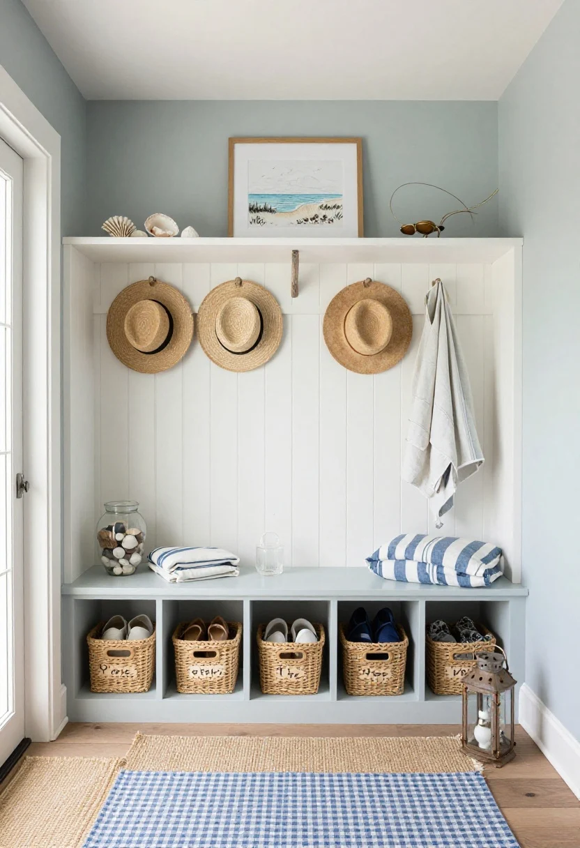 Wide, inviting shot of a coastal cottage cubby wall mini-mudroom: walls painted soft sea salt with a white beadboard panel to mid-height, capped by a slim ledge displaying a framed coastal sketch and small shells. Below the ledge, a row of driftwood-finish shaker pegs holding straw hats and a light jacket. A painted bench with built-in cubbies sits beneath, each cubby filled with baskets labeled for shoes, hats, and dog gear. On the bench, a blue-and-white striped cushion and a folded cotton throw. Decor accents include a glass vessel with collected beach stones and a rope-handled lantern on the floor. Entry grounded by a coir doormat layered over a blue check cotton rug. Bright, breezy daylight, photorealistic.