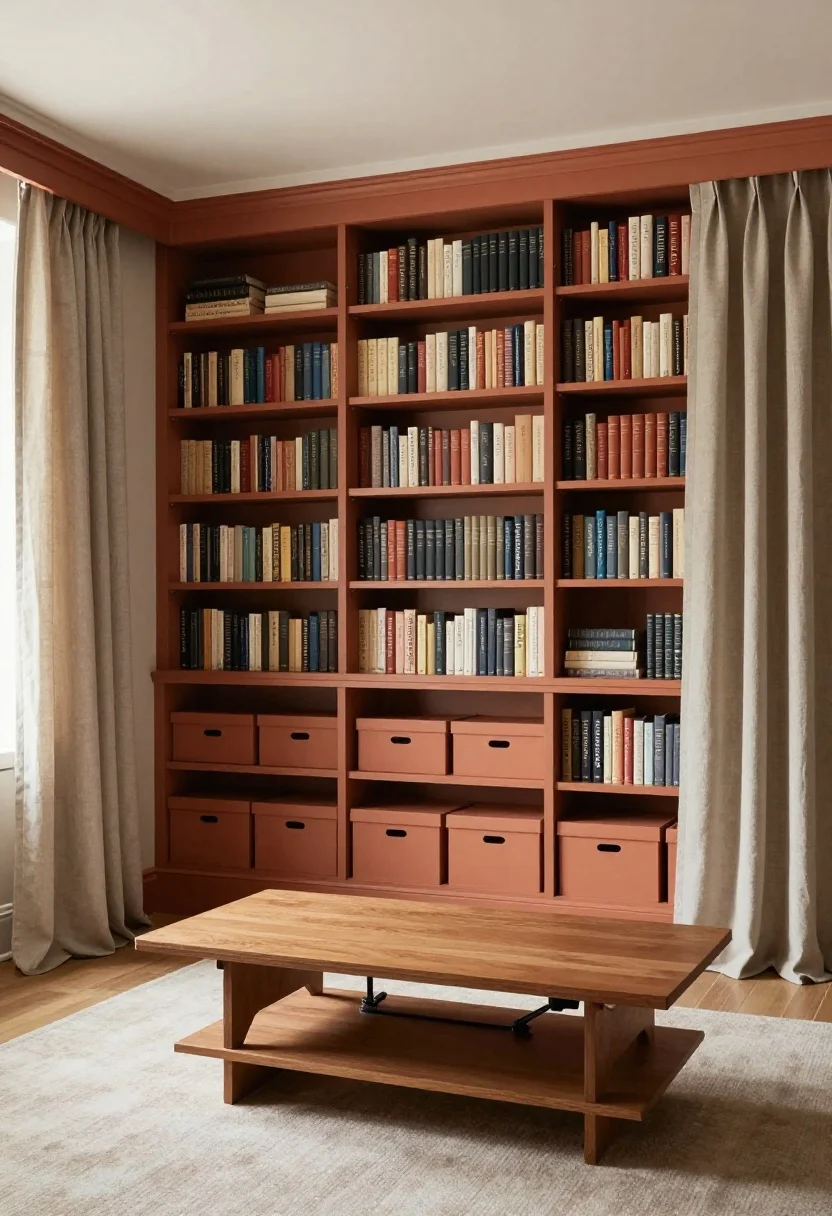 Wide living room shot, corner angle of “The Library Living Room”: a wall of freestanding bookcases placed side-by-side, unified by peel-and-stick trim and a single warm paint color. Tension-mount curtain rods installed above hold relaxed linen drapery panels partially drawn to create a built-in feel. A lift-top coffee table sits centered with the mechanism subtly visible; lower shelves of the cases hold uniform lidded boxes for concealed storage. Book spines and storage boxes grouped in creams, terra-cottas, and charcoals. Add felt pads and visible non-damaging anti-tip tension straps. Editorial yet cozy mood, balanced daylight with soft shadows, photorealistic.